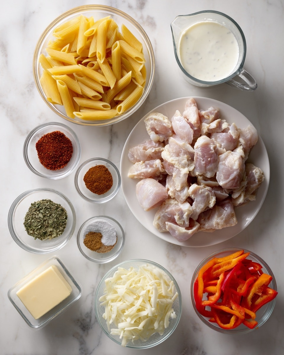 A top view of various ingredients arranged on a white marbled surface, all labeled. In the top left is a clear bowl filled with uncooked yellow penne pasta. To the right is a clear glass measuring cup filled with white heavy cream. Below the pasta and cream, there is a white plate piled with raw, pale pink chicken pieces. Around the chicken plate, small clear bowls hold different seasonings: reddish-brown smoked paprika, earthy brown Cajun seasoning, green dried basil, light yellow garlic powder, black pepper, and white salt. To the lower right, two white bowls contain sliced red and orange bell peppers. At the bottom center, a clear bowl has white chopped onions. To the bottom left is a small square glass container of shredded pale yellow Parmesan cheese, next to a small rectangular stick of butter. Photo taken with an iphone --ar 4:5 --v 7