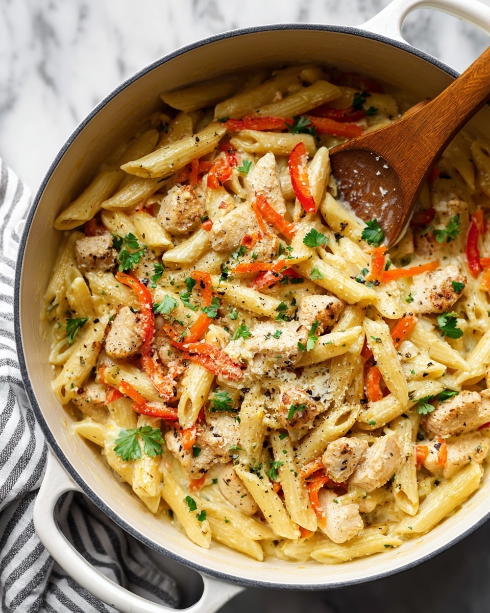 A close-up image of a pasta dish in a white pot with a wooden spoon inside. The dish has three main layers: creamy sauce coating the penne pasta, an even mix of cooked chicken pieces and thin strips of red and orange bell peppers, and small green parsley leaves sprinkled on top along with a light dusting of grated cheese and black pepper. The pasta is light yellow, the chicken is golden brown, and the sauce gives a smooth, shiny texture. The pot sits on a white marbled surface with a striped cloth nearby. Photo taken with an iphone --ar 4:5 --v 7