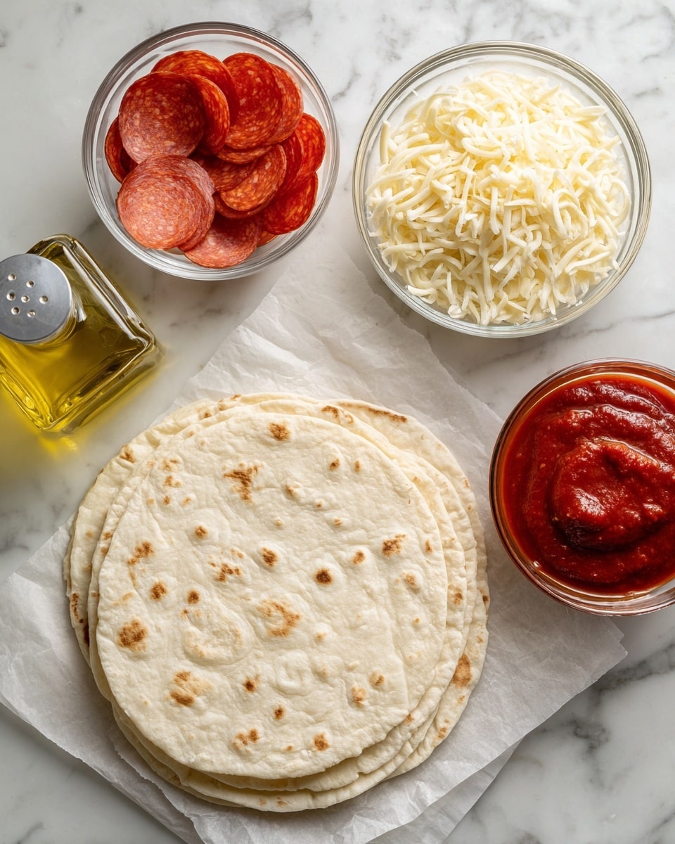 The image shows a white marbled surface with several ingredients for making a pizza tortilla. At the center bottom, there is a stack of pale beige tortillas with a slightly bumpy texture, lying on a light sheet of parchment paper. To the top right, there is a clear glass bowl filled with shredded pale yellow cheese. Above the tortillas to the left, there is another clear glass bowl containing thin, round slices of bright red pepperoni. To the far left, a square glass bottle filled with light yellow oil and a silver top is visible. At the bottom right corner, there is a small clear glass jar filled with rich red pizza sauce with a smooth and thick texture. photo taken with an iphone --ar 4:5 --v 7