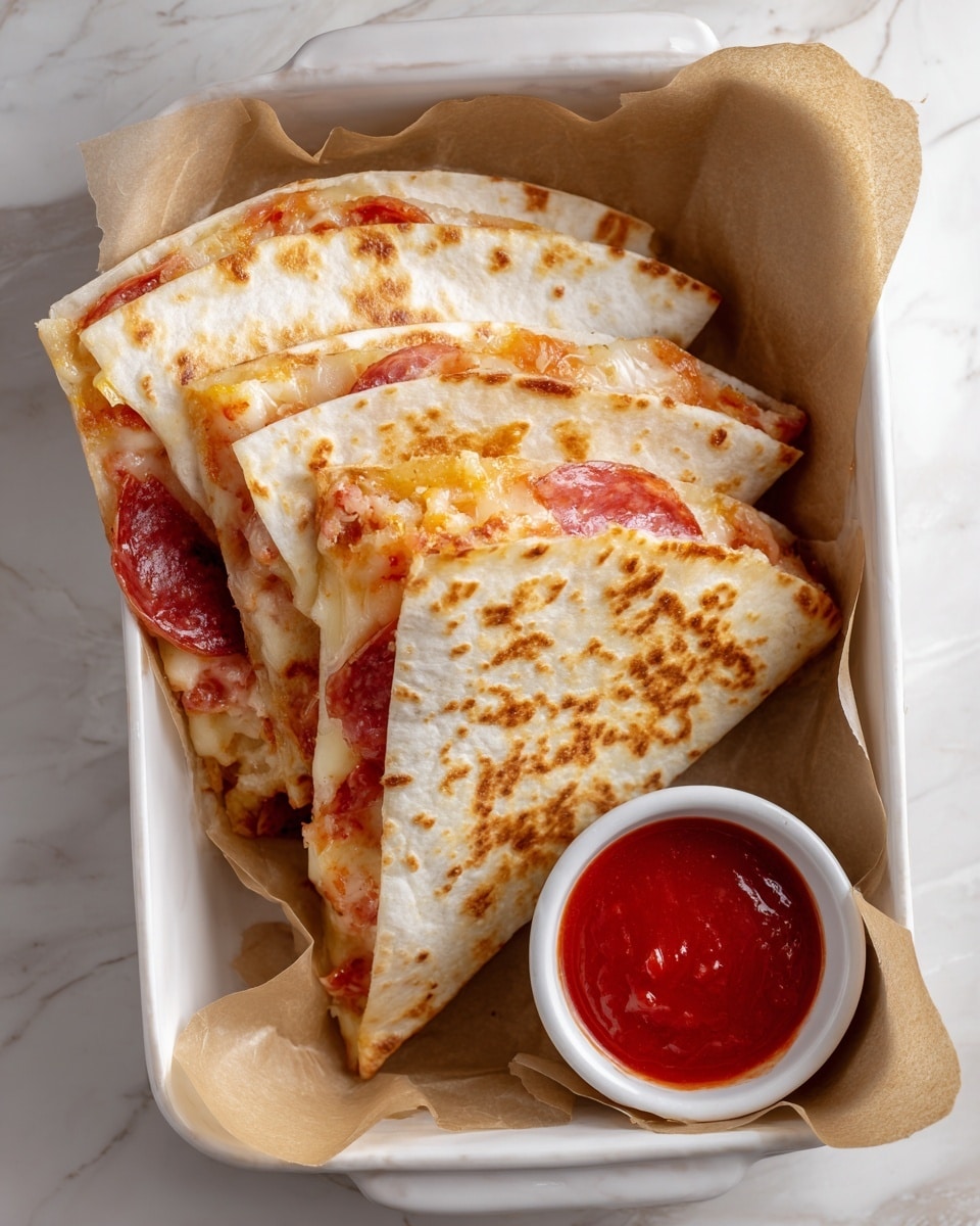The image shows a white rectangular tray lined with light brown parchment paper, holding three folded quesadilla slices stacked neatly. Each quesadilla has a golden-brown toasted flour tortilla on the outside, with a visible layer of red pepperoni and melted cheese peeking from the edges. On the top right corner of the tray, there is a small white bowl filled with bright red dipping sauce. The tray sits on a white marbled surface. Photo taken with an iphone --ar 4:5 --v 7