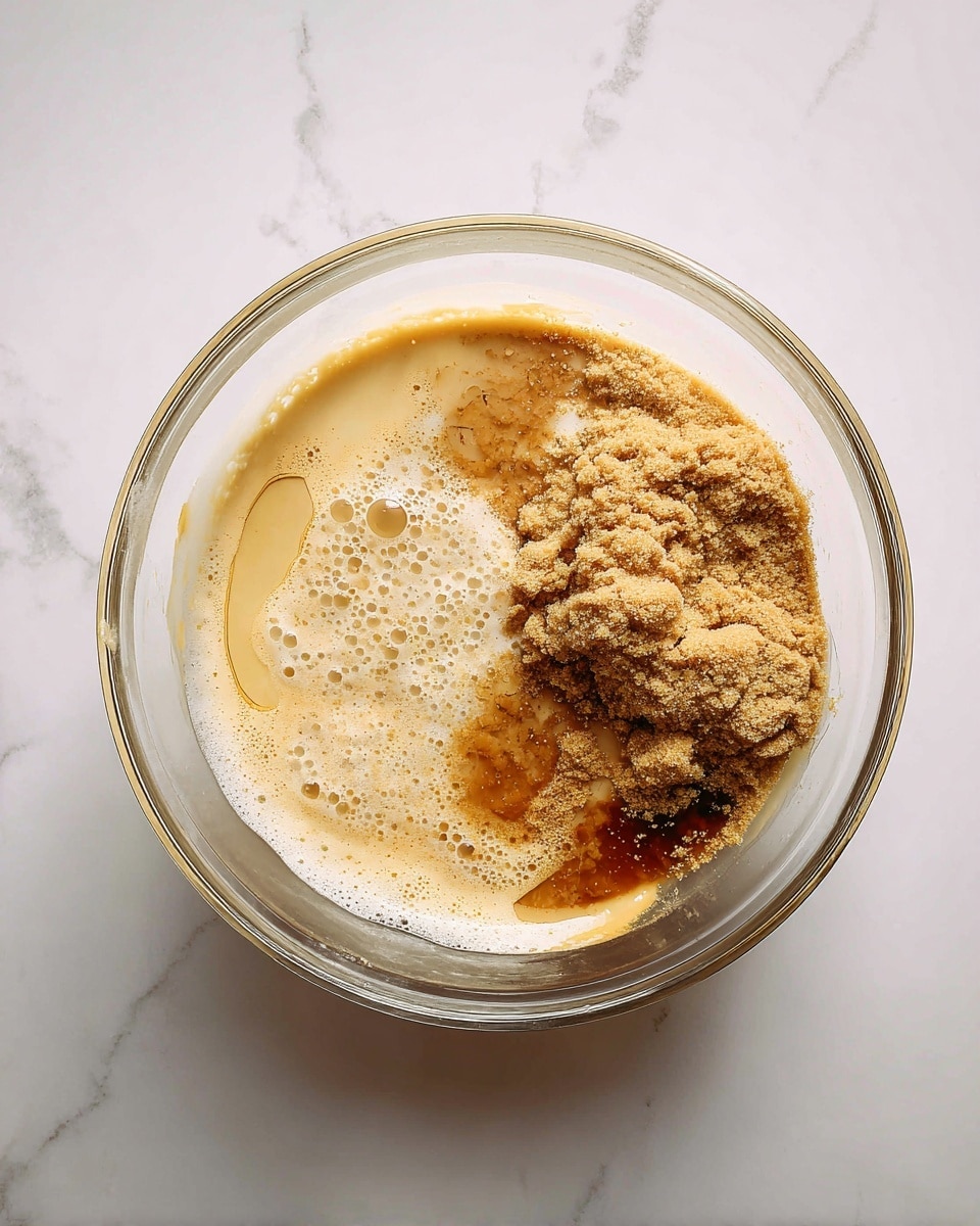 A clear glass bowl sits on a white marbled surface. Inside the bowl, there are two stages of mixing ingredients. On the left side, a single layer of pale golden liquid with some frothy bubbles on the surface fills the bowl. On the right side, the same pale golden liquid layer is present, now topped with a mound of light brown, crumbly sugar and a darker syrup-like liquid partially mixing with the base layer, showing a contrast between the textures and colors. Photo taken with an iphone --ar 4:5 --v 7