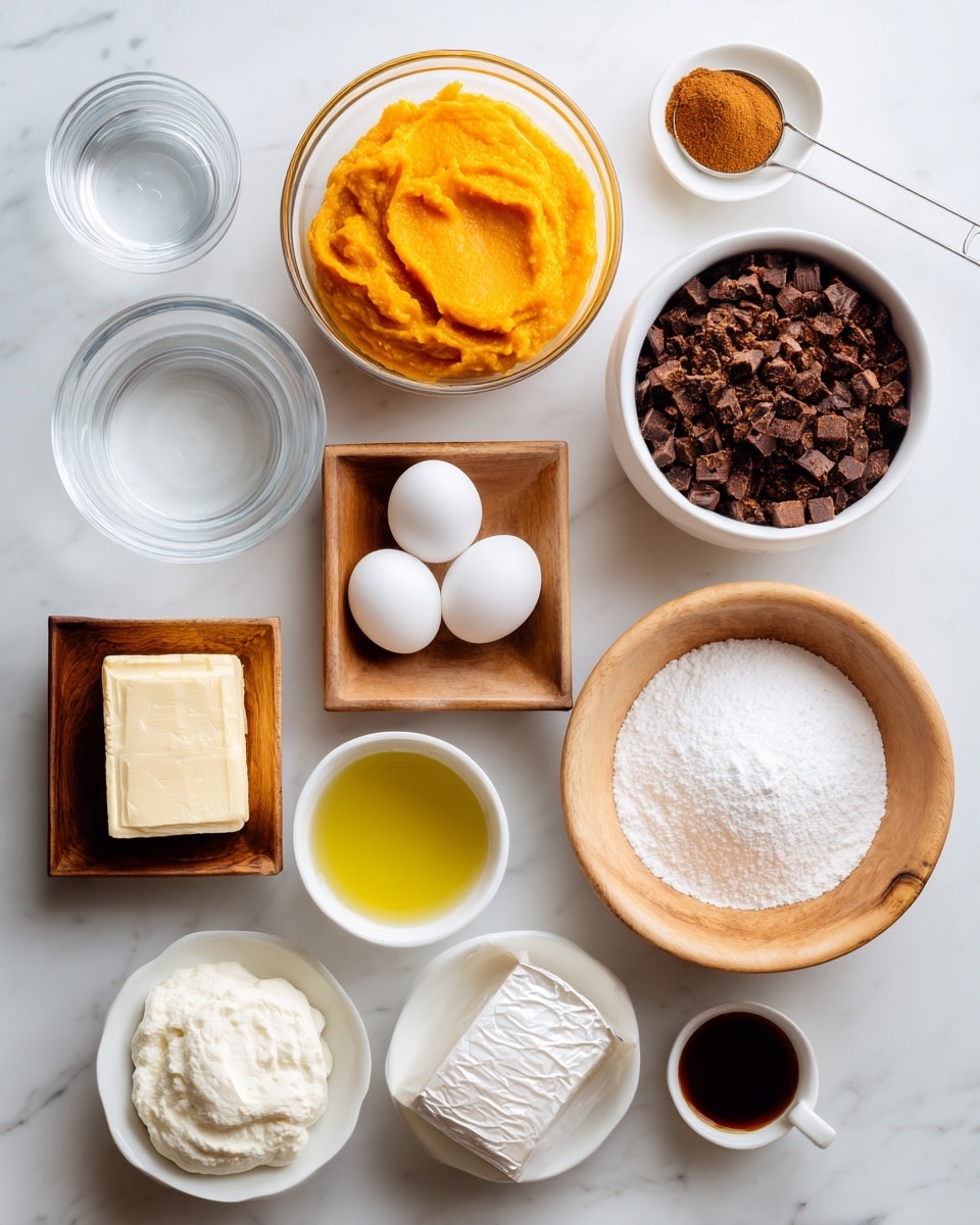 A top-down view of baking ingredients arranged on a white marbled surface, including a glass bowl filled with bright orange pumpkin puree at the top center; next to it on the right is a white bowl with chopped toffee bits, dark brown and caramel in color. Near the center, a small wooden square bowl holds three white eggs. Below the eggs to the left, a clear glass with water is placed, and next to it is a white packet labeled spice cake mix. A white bowl with a pale yellow oil liquid is positioned near the middle right. A round wooden bowl on the right contains white powdered sugar with a small metal sifter resting on top. At the bottom right, a silver foil-wrapped block of cream cheese is present, and near it, a small white bowl with a dark amber vanilla extract. Two white bowls with fluffy white whipped topping are on the lower left. Finally, a small white bowl holds brown pumpkin pie spice, completing the neat, clean layout. Photo taken with an iphone --ar 4:5 --v 7