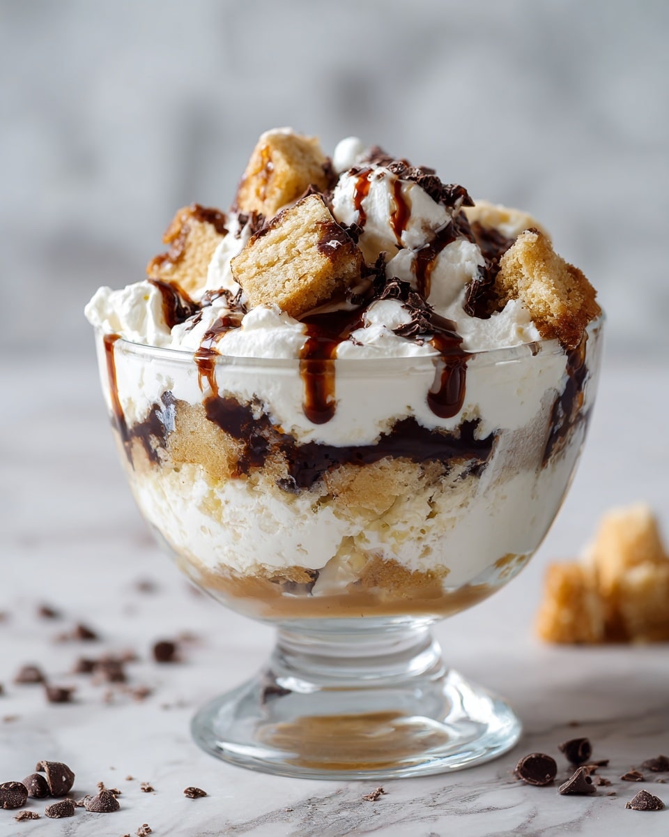 The image shows a clear glass bowl with several layers of dessert. The bottom layer is light brown with a smooth texture. Above that is a thick white cream layer, with chunks of light brown, crumbly cake mixed in, scattered through the bowl. The top is covered with more white cream, thick light brown sauce drizzled unevenly, and small dark chocolate pieces sprinkled around. In the background, there is a white marbled surface and a Grab bag with similar layers. photo taken with an iphone --ar 4:5 --v 7