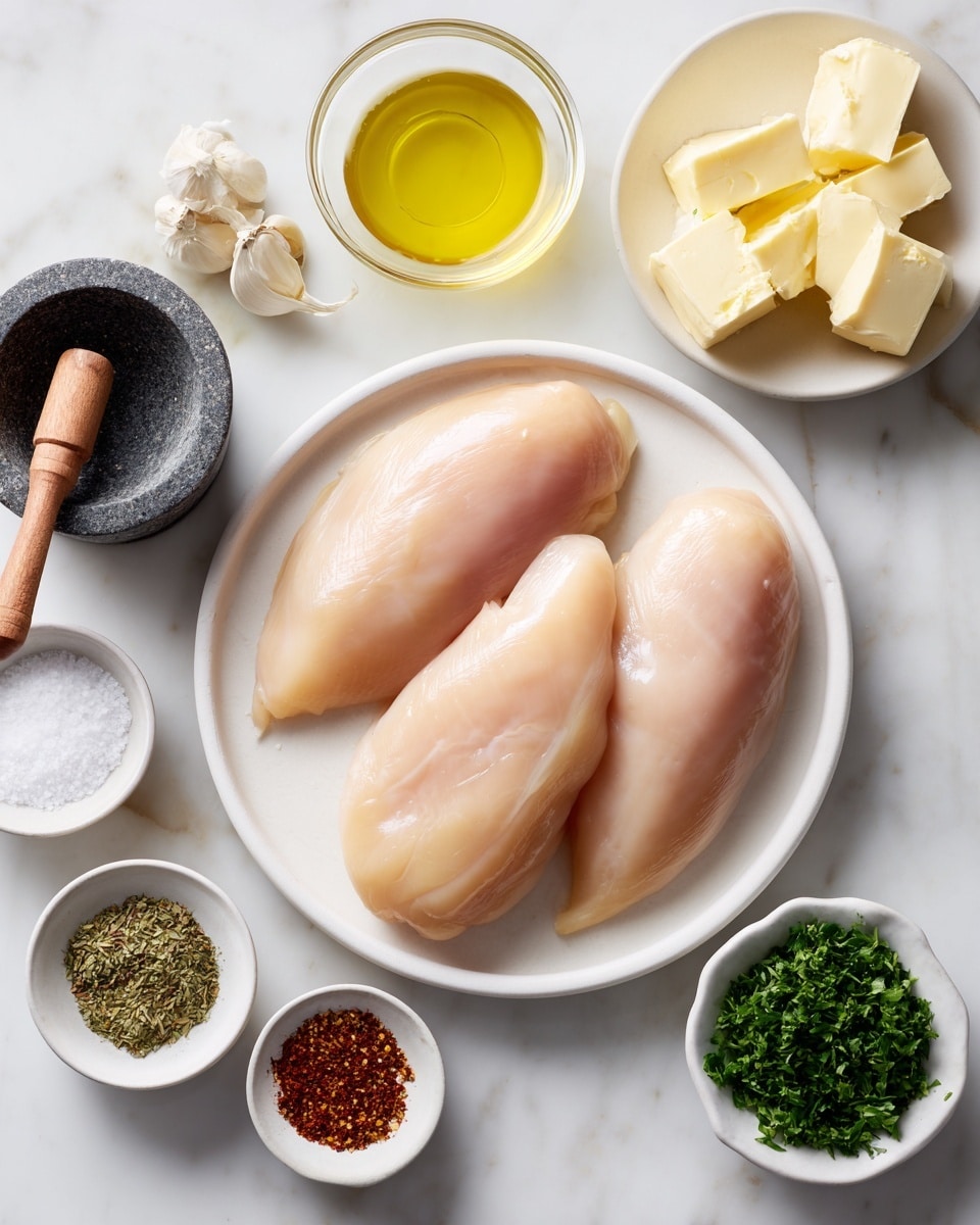 Three large raw chicken breasts lay side by side on a round white plate in the center of the image. Above the plate, three cubes of pale yellow butter rest on a small white dish. To the left, a small clear bowl holds golden olive oil, and below it, a stone mortar contains black pepper with a wooden scoop. A white bowl with salt and a small wooden scoop is near the bottom left. Below the plate, two small white bowls hold dried green Italian seasoning and reddish smoked paprika. To the right of the plate, a small white bowl contains chopped green parsley, and below it, a clear bowl holds minced pale yellow garlic. All items are arranged neatly on a white marbled surface. Photo taken with an iphone --ar 4:5 --v 7