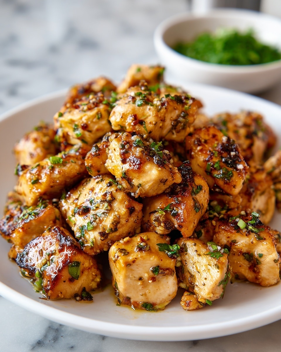 The image shows a close-up of a white plate filled with several pieces of cooked chicken bites. Each piece is golden-brown with visible seasoning and small green herb pieces sprinkled on top. The chicken looks juicy with a slightly shiny texture from the sauce or oil, and the pieces vary in size and shape, stacked together to fill most of the plate. The background is a white marbled texture, and there is a bowl of chopped green herbs blurred in the back. . Photo taken with an iphone --ar 4:5 --v 7
