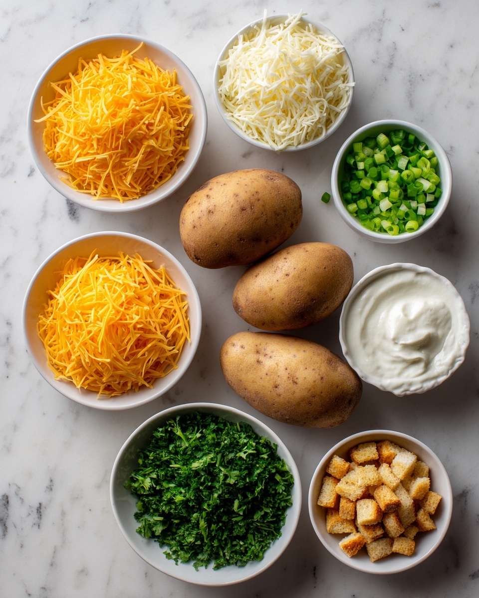 A white marbled surface shows four whole russet potatoes in the center, with five small white bowls arranged around them. The bowls hold shredded cheddar cheese in bright orange, shredded parmesan cheese in pale yellow, shredded mozzarella cheese in white, diced green onions in light green and white, fresh parsley chopped into dark green pieces, garlic-flavored croutons in golden brown, and sour cream in smooth white. The setup looks clean and organized, clearly showing each ingredient separately. photo taken with an iphone --ar 4:5 --v 7