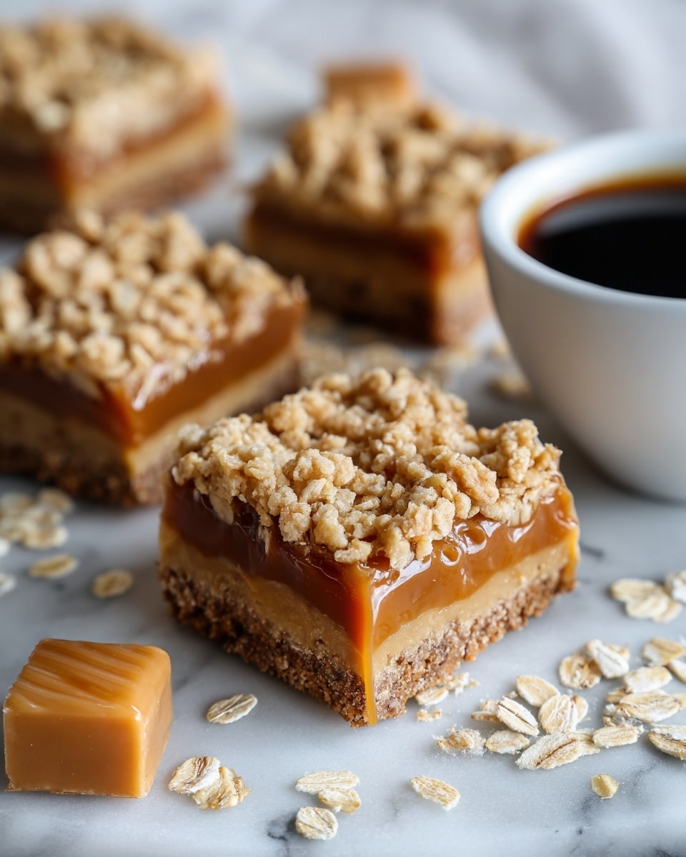 The image shows square caramel oat bars laid out on a white marbled surface. Each bar has three layers: the top layer is a light golden oat crumble with visible oat flakes, the middle layer is thick and sticky caramel in a rich amber color, and the bottom layer is a darker base that looks soft and dense, almost like a cookie crust. Scattered oat flakes surround the bars, and a soft caramel candy cube is placed near the front bar. Part of a white bowl filled with dark coffee is on the right side. The photo is close-up, showing the texture of the oat topping and the caramel occasionally oozing from the edges, photo taken with an iphone --ar 4:5 --v 7