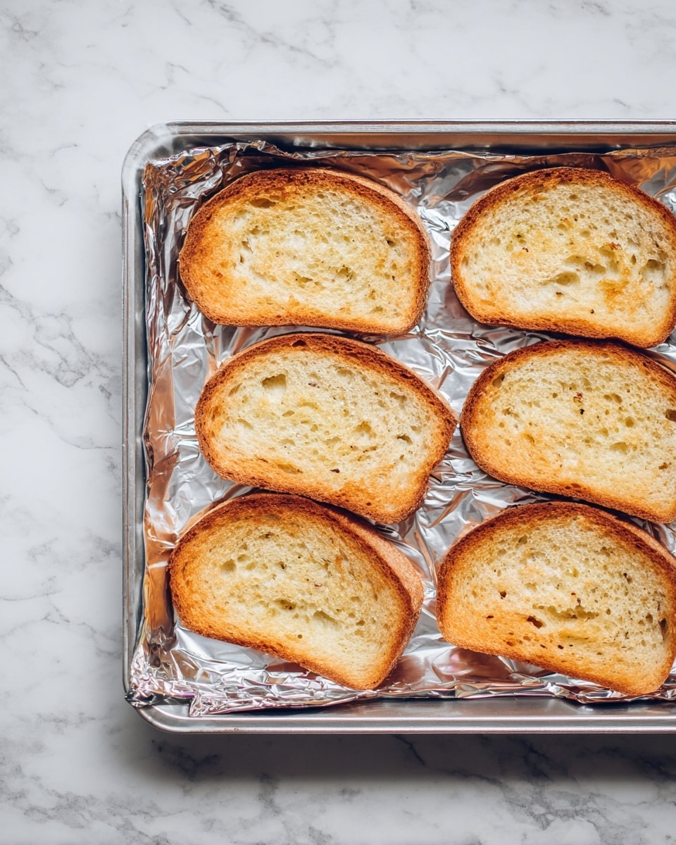 The image shows a metal baking tray with eight toasted bread slices arranged in two rows of four each. The bread slices are golden-brown with an even crispy texture and small air holes visible on the surface. The tray is lined with shiny aluminum foil, reflecting light slightly. The tray lies flat on a white marbled surface with subtle gray veins, giving a clean and bright background. photo taken with an iphone --ar 4:5 --v 7