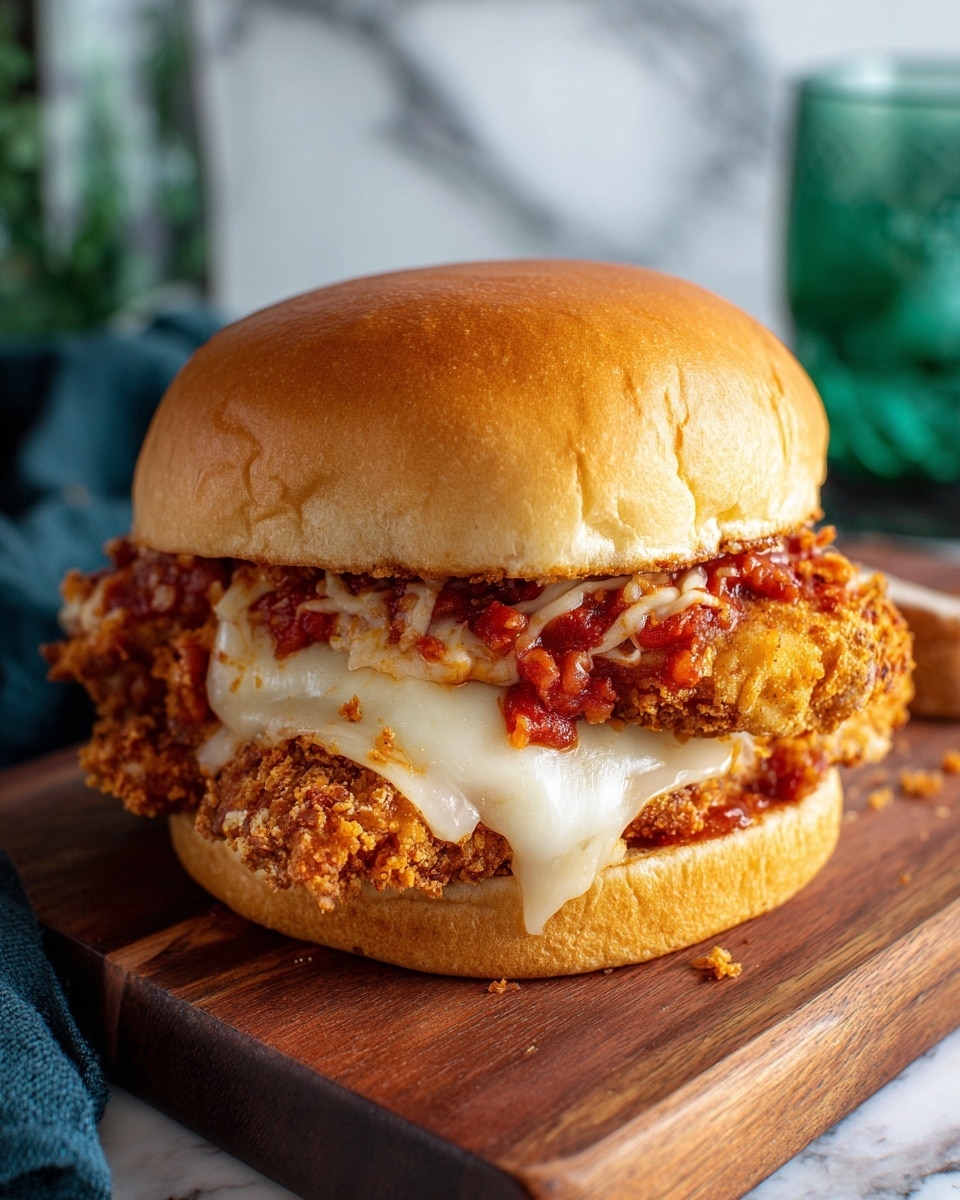 The image shows a sandwich on a soft, golden-brown bun placed on a wooden board. Inside the sandwich, there are two thick layers of crispy, golden breaded chicken with a crunchy texture. Between the layers and spread on the bottom bun, there is a red tomato sauce with small chunks, adding a vibrant contrast. On top of the chicken, melted creamy white cheese drips slightly over the edges. The background is a white marbled surface, and a green glass and a dark blue cloth are seen nearby. Photo taken with an iphone --ar 4:5 --v 7