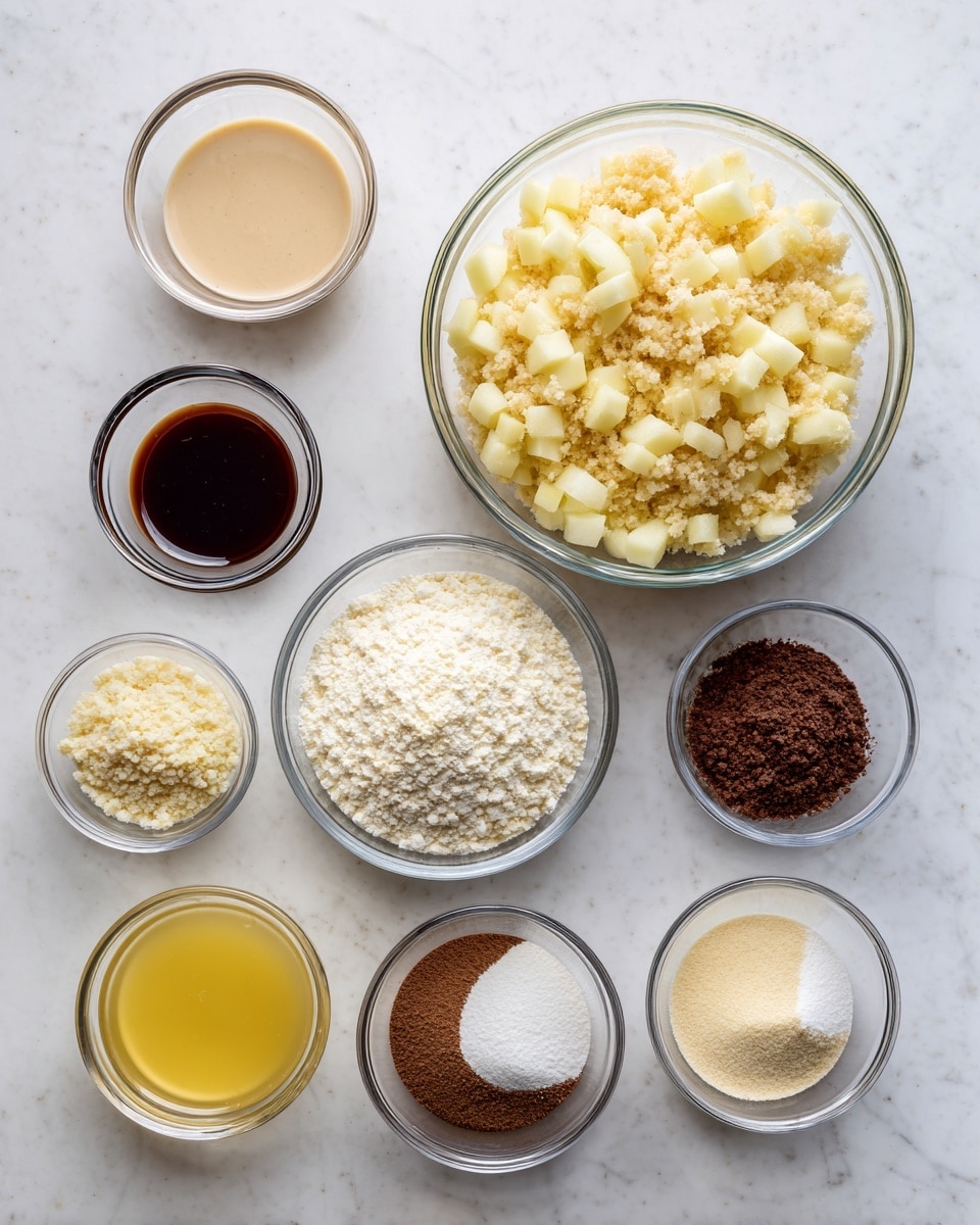 The image shows eight glass bowls on a white marbled surface, each with different ingredients. At the top right is a large bowl filled with small, light yellow diced pieces, likely apples. Below it to the right is another large bowl filled with a light brown crumbly mixture. To the left of that are six smaller bowls arranged in two vertical rows. The top left small bowl contains a thin beige liquid, while below it is a small bowl with a dark brown liquid. Directly below that is a bowl filled with white powder. In the middle right small bowl, there are three layered powders of different shades: dark brown, light brown, and off-white. At the bottom left corner, a small bowl contains a thick yellow liquid, and next to it is a bowl with a creamy white substance. All bowls are clear glass, and no woman's hand is visible. Photo taken with an iphone --ar 4:5 --v 7