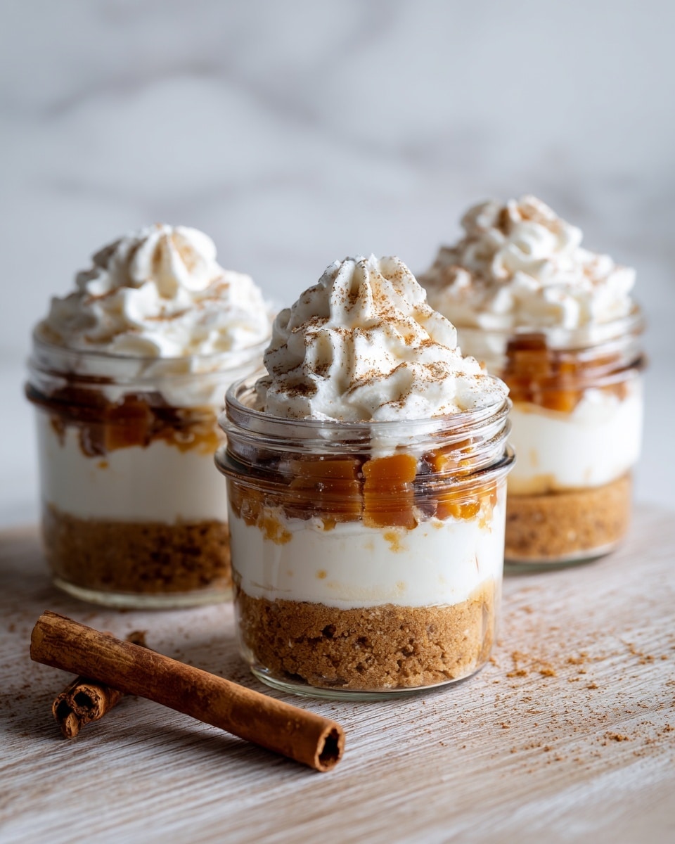 The image shows three small clear glass jars filled with a layered dessert, placed on a light wooden surface with a white marbled background. Each jar has four layers: the bottom layer is a crumbly light brown cookie or biscuit base, followed by a smooth white cream layer, then a thin layer of syrupy caramel-colored chunks, and finally a fluffy white whipped topping sprinkled with light brown spice powder. In the foreground, a single cinnamon stick lies horizontally on the wooden surface. Photo taken with an iphone --ar 4:5 --v 7