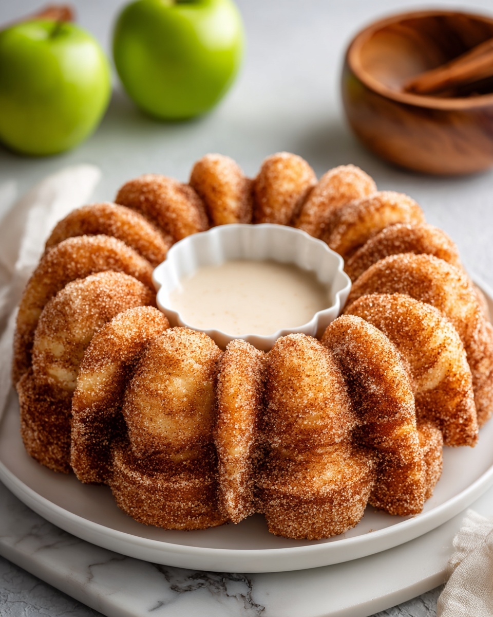 A round dessert shaped like a ring with about ten puffy, golden brown layers coated evenly in cinnamon sugar, giving it a sparkling texture. The dessert is placed on a white plate and has a small white scalloped bowl in the center filled with smooth, light cream sauce. The whole setup rests on a white marbled surface with a green apple and a wooden bowl blurred in the background. Photo taken with an iphone --ar 4:5 --v 7