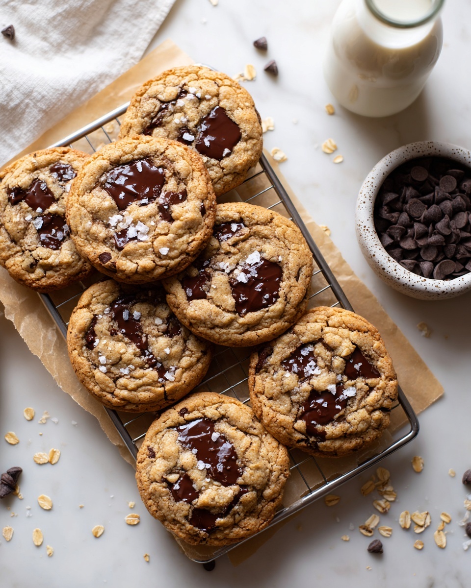 Six thick, soft cookies with dark melted chocolate chunks and light brown dough rest on a metal cooling rack lined with light brown parchment paper. The cookies have a slightly rough texture with visible flakes of salt on top. Next to the rack, on the right side, is a small white speckled bowl filled with dark chocolate chips, and behind it is a glass bottle of milk. The surface beneath everything is a white marbled texture, sprinkled with a few chocolate chips and oat flakes. The overall look is warm and homemade. photo taken with an iphone --ar 4:5 --v 7