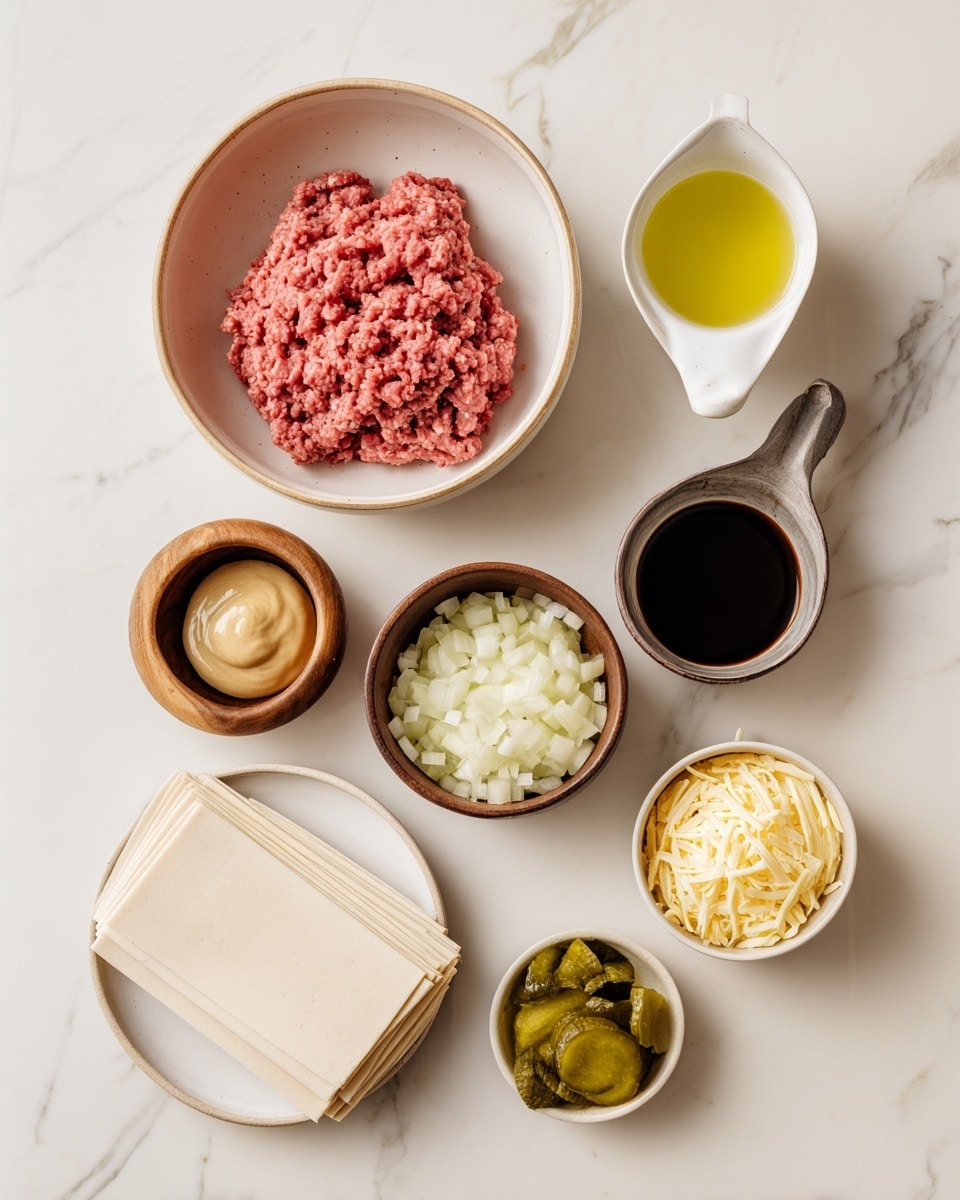 The image shows seven small bowls and plates arranged on a white marbled surface. In the center, there is a white bowl with a beige rim filled with bright pink ground beef. Above it to the right, a white measuring cup holds pale yellow oil. To the left, a black bowl contains smooth mustard in a light brown shade. Next to it, a wooden bowl is filled with white chopped onions. Below the measuring cup, a small white bowl holds dark brown Worcestershire sauce. To the right of the beef bowl, there is a white bowl full of shredded yellow cheese, and next to it, another white bowl contains green chopped pickles. At the bottom left, a white plate holds a neat stack of pale beige wrappers. The setup looks clean and organized. photo taken with an iphone --ar 4:5 --v 7