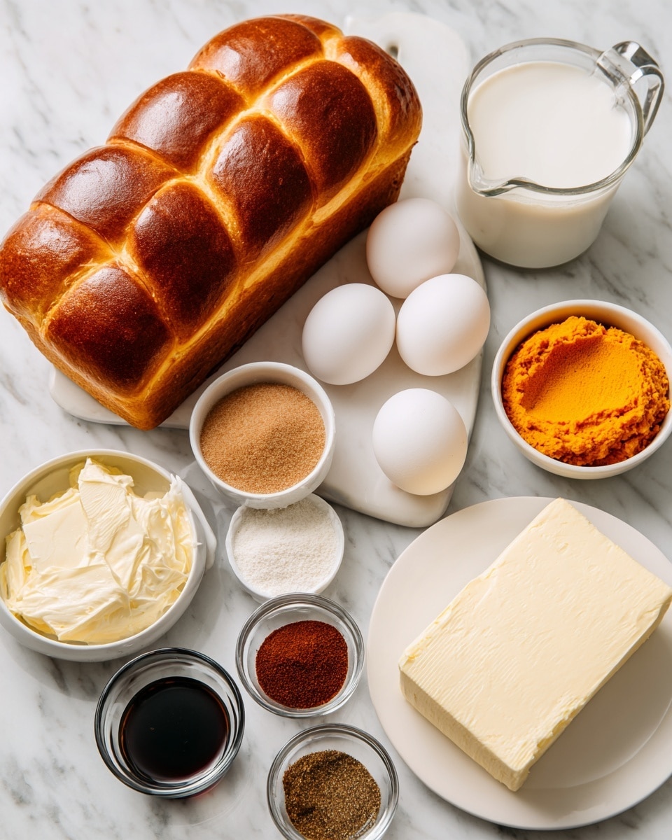 A group of baking ingredients laid out on a white marbled surface, showing a large golden-brown loaf of brioche bread with a shiny crust near the top left, and various small white bowls containing light brown soft brown sugar, bright orange pumpkin puree with a smooth texture, and a mix of fall spices including dark brown, reddish, and beige powders on a small white plate. Nearby are three white eggs arranged closely together, a small clear glass cup of dark brown vanilla extract, a white measuring cup filled with white milk, a small clear glass dish holding a pale yellow salted butter cube, and a white plate holding a large rectangular block of cream cheese with a smooth surface. photo taken with an iphone --ar 4:5 --v 7