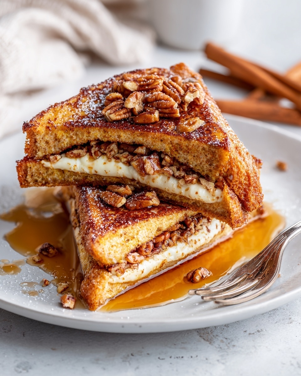 A close-up view of two triangular slices of French toast filled with a creamy layer inside, with a golden-brown, slightly textured outer crust. The top slice is garnished with small and large pecan pieces, with syrup pooling around the base of the toast and spreading across the white marbled plate. There is a silver fork resting near the front of the plate and blurred cinnamon sticks and a light cloth in the background. photo taken with an iphone --ar 4:5 --v 7