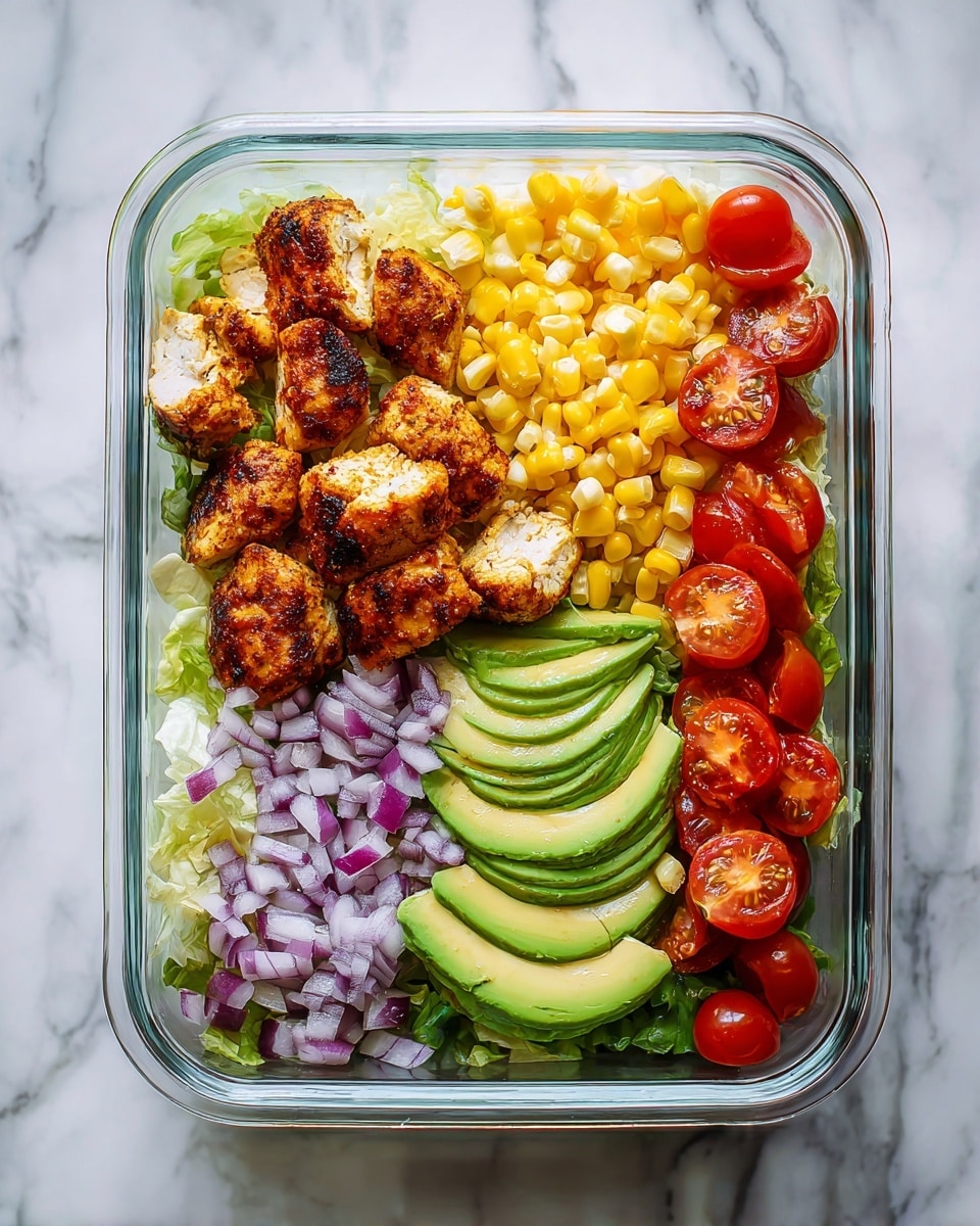 A clear rectangular glass container holds a colorful layered meal placed on a white marbled surface. The bottom layer consists of a bed of small chopped red onions and lettuce, topped with bright yellow corn kernels. On one side, a row of halved round red cherry tomatoes is neatly lined up, while on the opposite side rests a fanned, sliced half avocado showing its smooth green texture. Two pieces of golden brown cooked chicken pieces with crispy edges sit on top of the corn in the center. Photo taken with an iphone --ar 4:5 --v 7