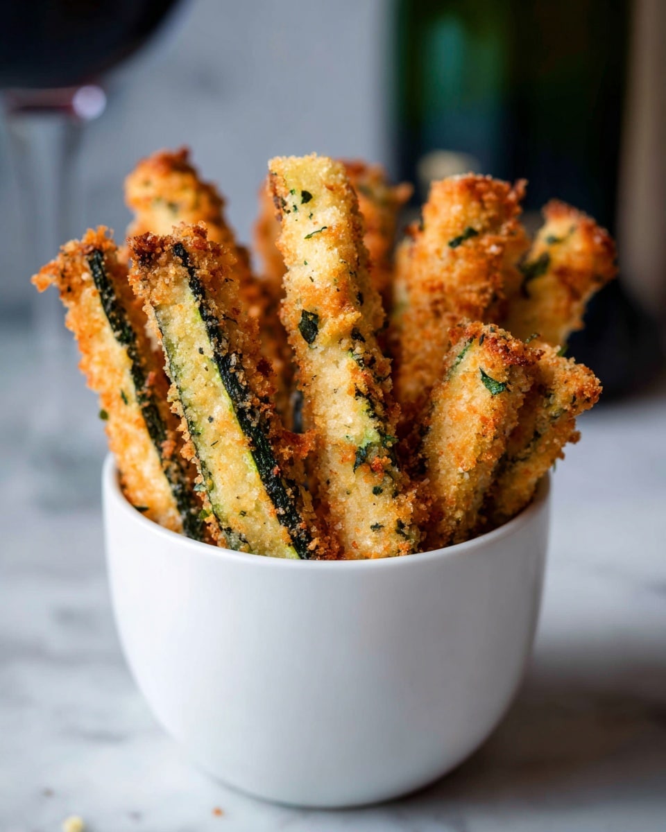 The image shows a white cup filled with several sticks of breaded zucchini fries standing upright. Each stick has a light golden breadcrumb coating with green hints from the zucchini skin visible underneath. The texture looks crispy, with small breadcrumbs and bits of herbs scattered on the surface. The cup is placed on a white marbled texture background, with a blurred dark green bottle and other indistinct objects in the background. photo taken with an iphone --ar 4:5 --v 7
