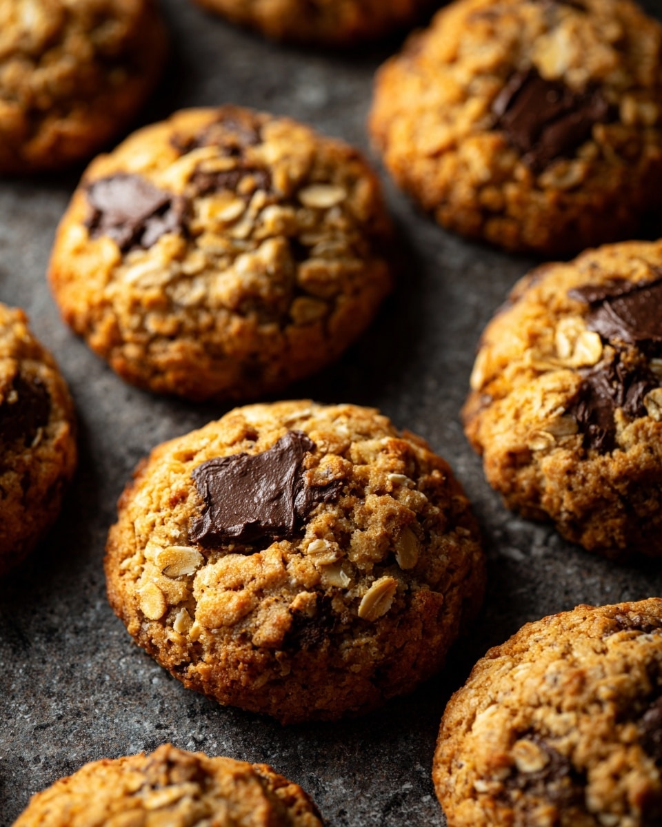 The image shows several golden brown cookies placed on a dark surface, with a texture that looks like a baking sheet. Each cookie has a rough, chunky top layer with visible oats and chocolate pieces embedded throughout. The cookies are thick and round, with crumbly bits and oats scattered on top, giving a rustic, homemade feel. The close-up view highlights the texture in detail, showing a mix of smooth chocolate patches and crunchy oat clusters on each cookie. photo taken with an iphone --ar 4:5 --v 7