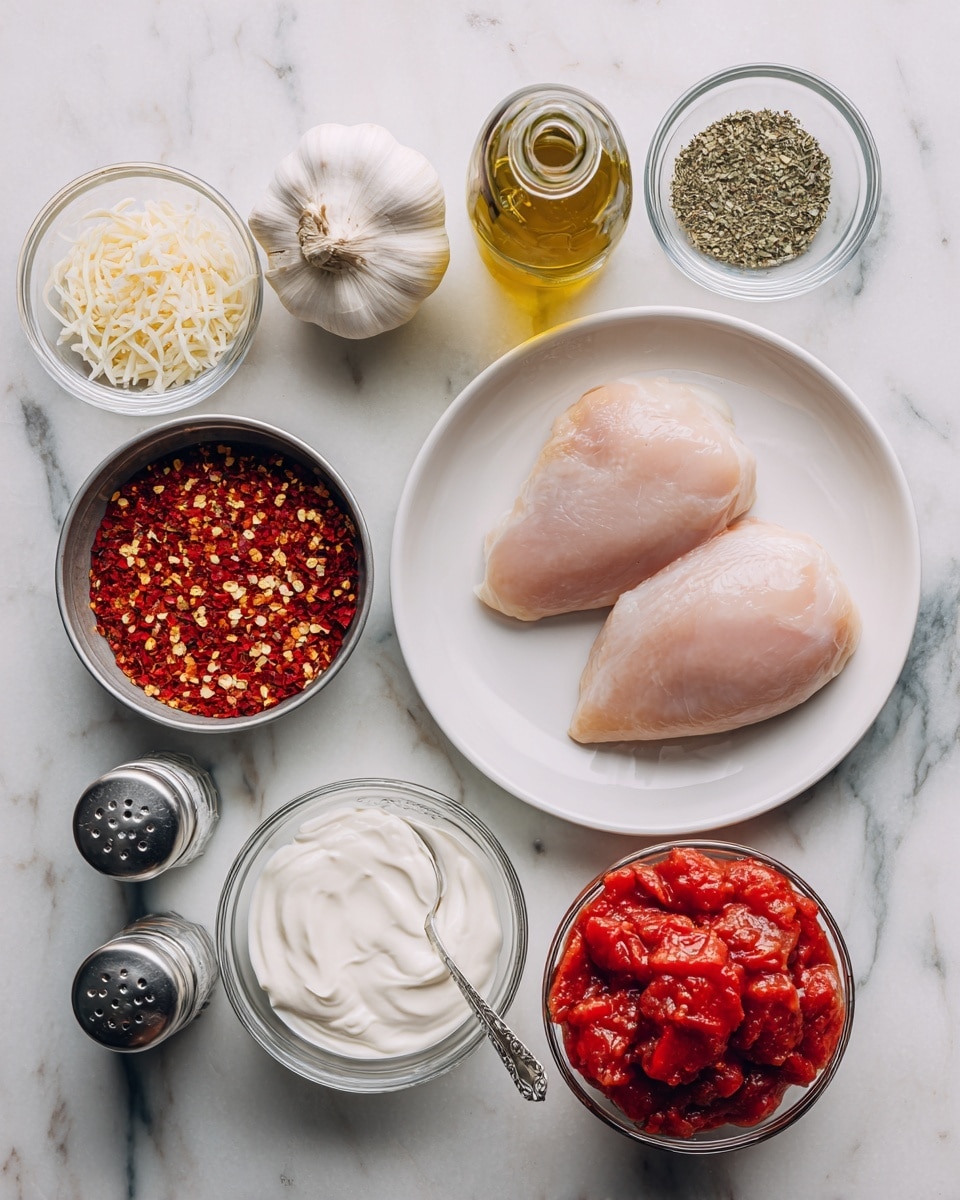 The image shows cooking ingredients arranged on a white marbled surface. In the center right, there is a white plate holding two uncooked chicken pieces with a pinkish smooth texture. Above the chicken, there is a small glass container filled with light green dried oregano with a silver spoon in it. To the left of oregano is a metal container filled with red pepper flakes, showing bright red and orange dried chili pieces. Above that is a whole white garlic bulb with a papery texture. To the right of the garlic, a clear glass bottle with golden oil sits vertically. Next to the oil are two clear glass shakers labeled salt and pepper. At the bottom center, a clear glass measuring cup holds white whipping cream with a smooth liquid texture. To the right of the cream is a glass bowl filled with chunky crushed tomatoes in a deep red color. Next to the tomatoes is a small clear bowl filled with grated Parmesan cheese, which looks pale yellow and finely shredded. photo taken with an iphone --ar 4:5 --v 7
