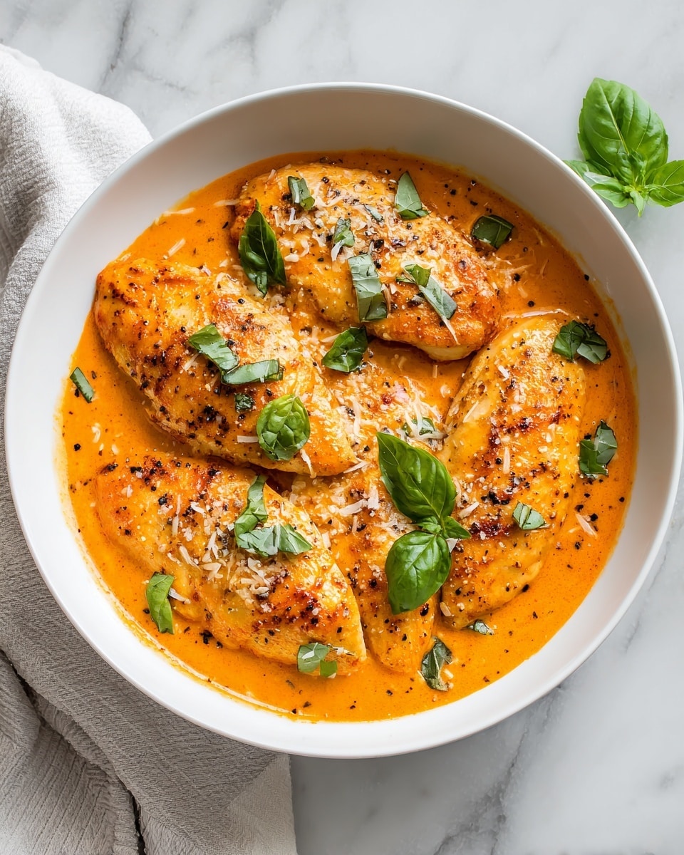 A white bowl filled with bright orange creamy sauce, covering five pieces of tender chicken evenly spread out. The sauce has a smooth texture with some small bits visible, giving it a rich look. On top of each piece of chicken, there are small green basil leaves and a light sprinkle of grated cheese and black pepper. The bowl is placed on a white marbled surface with a folded cloth napkin visible on the side. Photo taken with an iphone --ar 4:5 --v 7