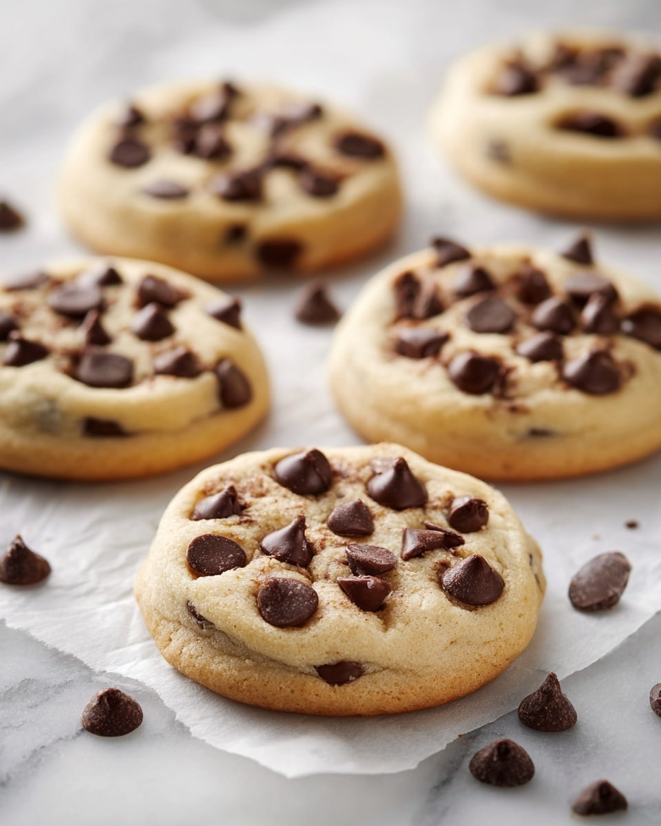 The image shows six soft, round chocolate chip cookies on a white marble surface covered with white parchment paper. Each cookie has a light brown base dough layer with slightly darker edges and is topped with a thick layer of large, dark chocolate chips scattered unevenly across the top. The cookies have a slightly raised middle, giving a soft and thick look. Some extra chocolate chips are scattered around the cookies on the parchment paper. The focus is on the cookie in the front center, which is closer and sharper, while the others are softly blurred in the background. photo taken with an iphone --ar 4:5 --v 7