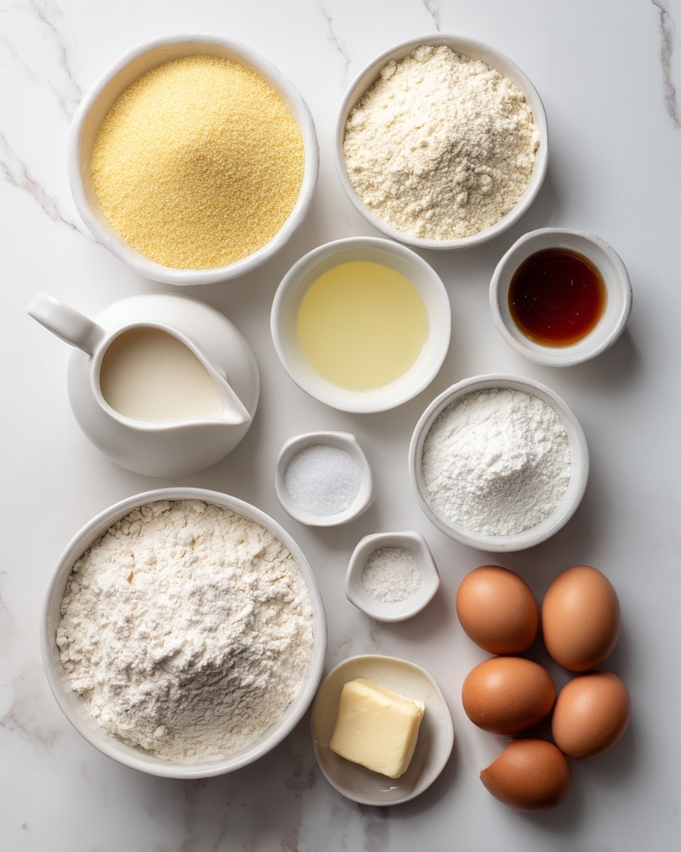 The image shows several white bowls and small white dishes arranged on a white marbled surface with different baking ingredients. Starting from the top left, a white bowl is filled with pale yellow cornmeal powder, next to it a white bowl holds a light yellow liquid, and a small white dish on the right contains a dark amber syrup. Below, a small white pitcher holds a pale cream liquid, and another small white bowl has white powder, likely baking powder or flour. At the center bottom left is a larger white bowl heaped with fine white flour. Close to it are three small white dishes with white salt, white granulated sugar, and a small piece of pale yellow butter respectively. To the right side, four brown eggs are neatly placed together on the surface. The scene is brightly lit and clean, with all items spaced clearly against the white marbled background. Photo taken with an iphone --ar 4:5 --v 7