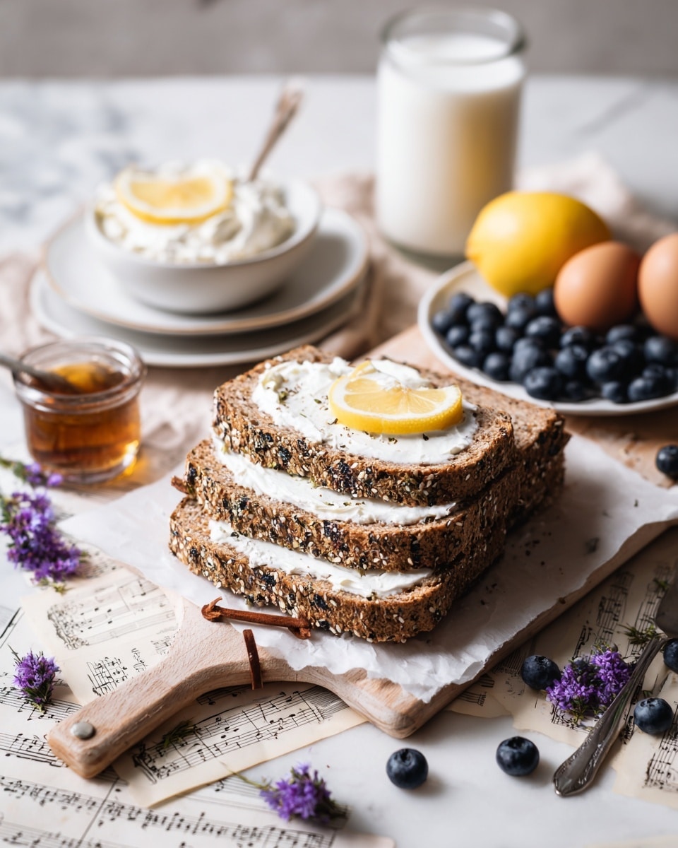 Four slices of seeded brown bread with a rough texture and visible seeds on the crust are neatly stacked in a slightly fanned way on a light wooden board with a leather loop on the top left. Around the board on a white marbled background, there is a bowl of creamy white spread topped with a lemon wedge on a set of white stacked plates on the bottom left. On the top right, a white plate holds fresh blueberries, two whole eggs, and half a lemon placed upright, next to a glass of milk. A metal spoon rests on an opened sheet of music paper below the plate, with two small glasses filled with a dark amber liquid nearby. Scattered blueberries and small purple flowers add a natural touch. photo taken with an iphone --ar 4:5 --v 7
