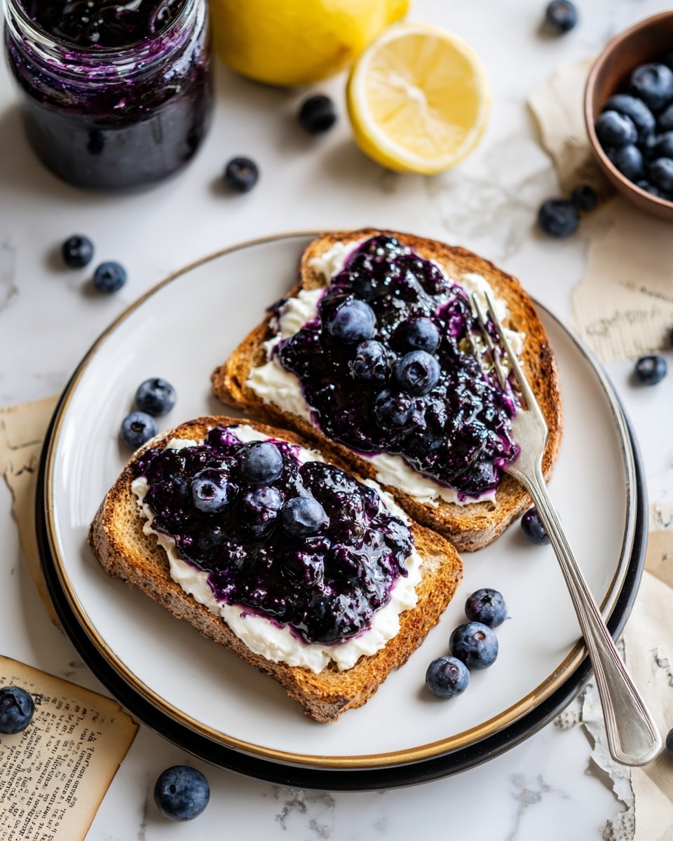 Two toasted slices of brown bread lay side by side on a white plate with a thin gold rim, which is placed on top of a black plate. Each toast slice has a thick spread of white cream cheese topped with a bright, dark purple blueberry jam that looks glossy and textured, spilling slightly over the edges. Fresh blueberries dot the jam on both slices. A silver fork rests on the right slice, slightly pressing into the jam and cream, with a woman's hand not visible but implied by the fork's position. The background is a white marbled surface scattered with loose blueberries, a lemon wedge, and small pieces of vintage sheet music. A jar with dark purple jam and a small brown bowl stand blurred in the background photo taken with an iphone --ar 4:5 --v 7