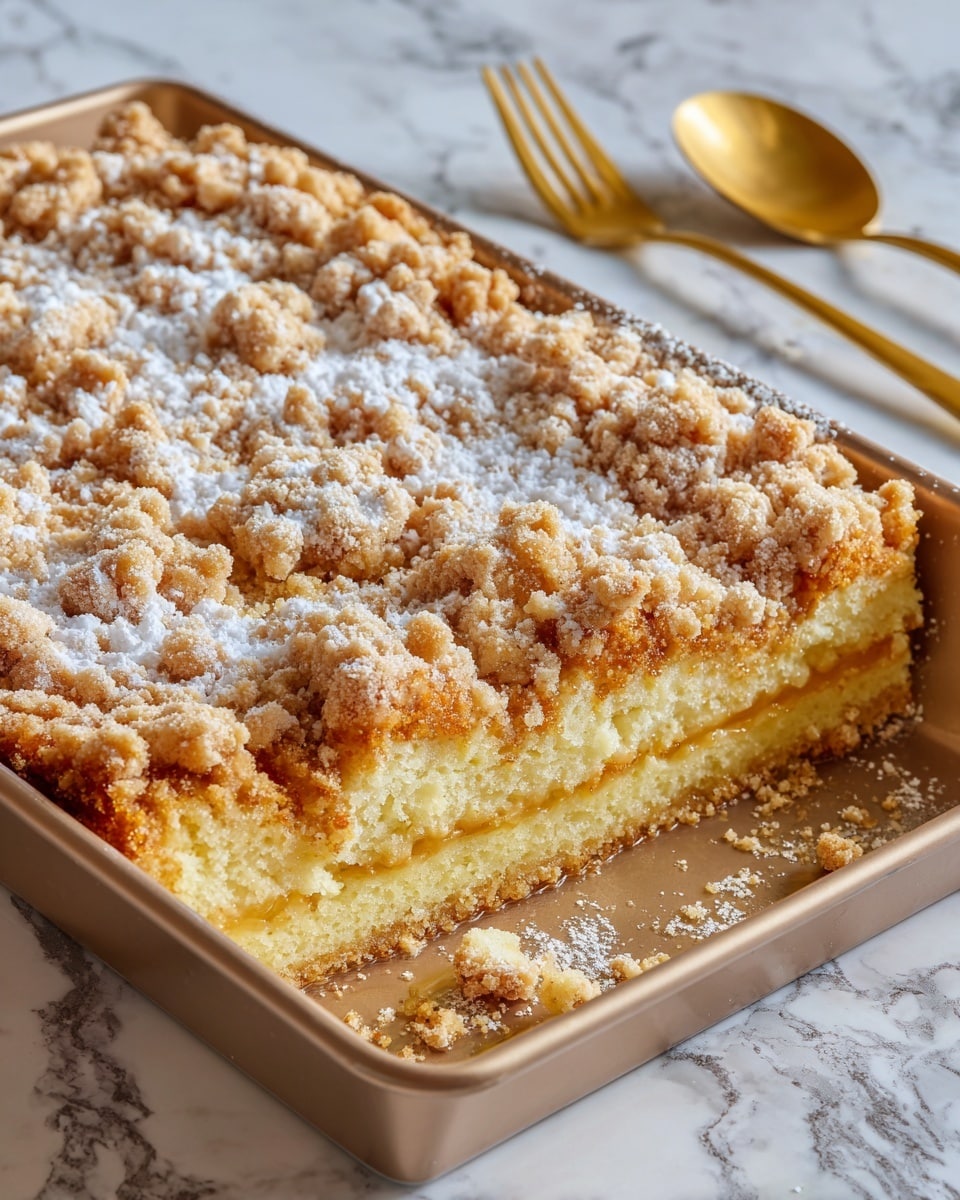 This image shows a rectangular pan with a crumb cake inside. The cake has three layers: the bottom layer is a light yellow soft cake, the middle layer is a thin layer of darker crumbs mixed with a bit of syrup or sauce, and the top layer is a thick layer of coarse, golden-brown crumb topping sprinkled with white powdered sugar. The crumbs are uneven and chunky, scattered inside the pan where a piece has been taken out. The pan sits on a white marbled surface with two golden forks nearby. Photo taken with an iphone --ar 4:5 --v 7