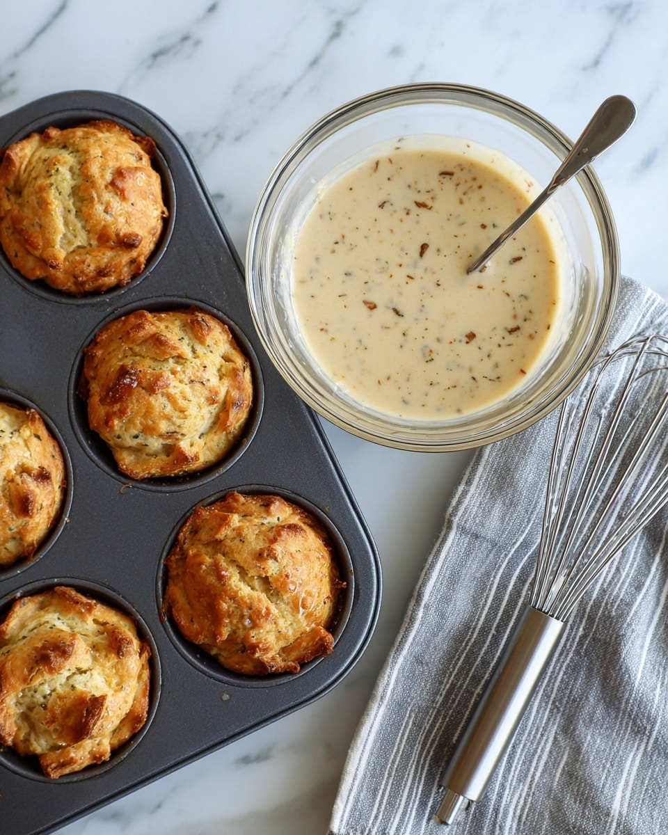 The image shows an overhead view of a baking scene on a white marbled surface. On the left, a dark muffin tray holds four cups filled with torn pieces of golden brown, flaky bread, each piece showing its soft, layered texture. In the center, there is a clear glass bowl filled with a light beige creamy mixture speckled with small dark brown bits. To the right of the bowl is a metal whisk with a black handle, lying on the surface. Part of a striped gray and white cloth is visible at the bottom right corner. Photo taken with an iphone --ar 4:5 --v 7
