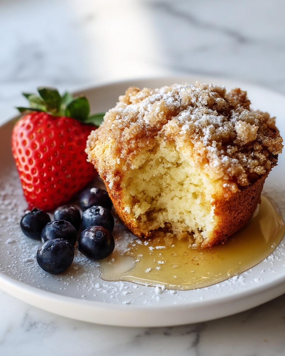 The image shows a crumb-topped, golden brown muffin with a soft, light yellow inside and a half-eaten bite, placed on a white plate. The muffin is covered with a crunchy streusel layer, which has small clumps with a slightly darker toasted color, dusted lightly with white powdered sugar. There is a light syrup or honey pooled underneath the muffin, spreading outward on the plate. On the left side, there are two halves of a bright red strawberry with visible seeds and green tops, along with several small dark blue blueberries scattered around. The plate sits on a white marbled surface with soft natural light shining from the left side. photo taken with an iphone --ar 4:5 --v 7