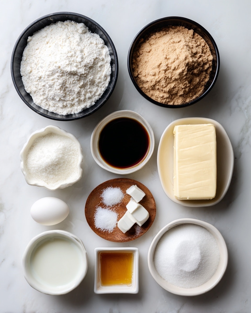 The image shows a white marbled surface with different baking ingredients arranged neatly. There are ten containers and one loose ingredient in total. Starting from the top left, there is a black bowl filled with white flour, next to it on the right is a white bowl with light brown cocoa powder. Below the flour, there is a black bowl filled with granulated white sugar. To the right of that is a white bowl holding dark amber vanilla extract. Next to the vanilla extract is a stick of butter with a paper label, resting directly on the surface. Below the sugar bowl is a small white bowl with white milk. To the right of the milk is a small round wooden dish with white salt, white baking powder, and white baking soda placed in separate small piles. Below the vanilla extract is a small white square dish with light yellow corn syrup. To its right is a small black bowl filled with white powdered sugar. On the bottom left, a single white egg rests on the surface. All items are cleanly arranged with clear labels in a simple, organized way. Photo taken with an iphone --ar 4:5 --v 7