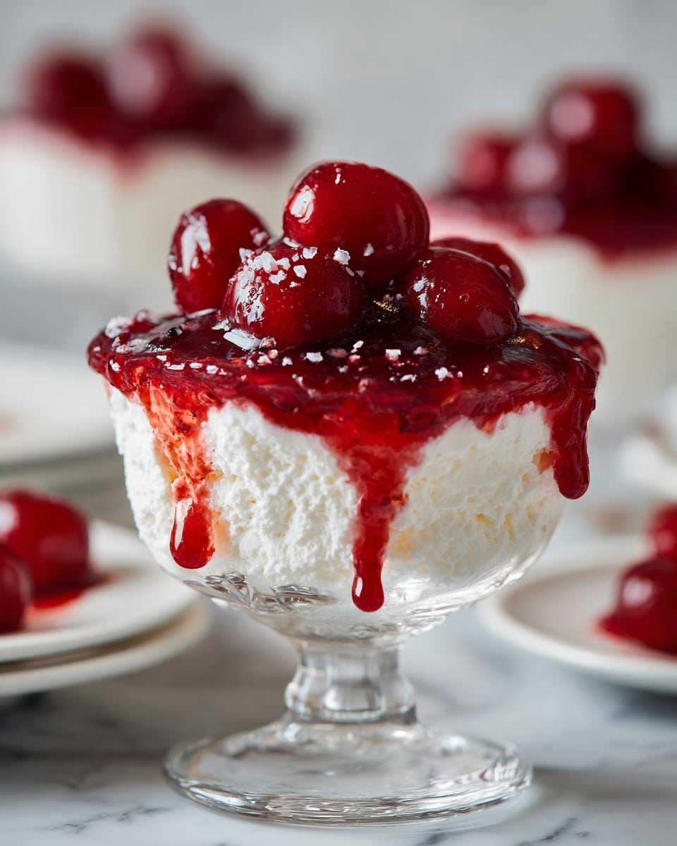 The image shows a close-up of a dessert in a clear glass dish with two visible layers: the bottom layer is white and fluffy with a smooth texture, and the top layer is a thick red cherry topping with whole cherries covered in glossy syrup that drips slightly down the side. The background has a white marbled texture. In the blurred background, there are white plates with a small portion of the dessert topped with cherries. photo taken with an iphone --ar 4:5 --v 7