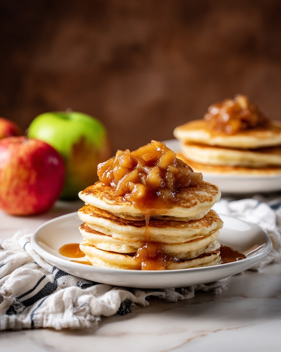 A white plate holds a stack of four light golden-brown pancakes in the center, topped with a chunky, glossy, caramel-colored apple compote that drips down the sides and pools slightly on the plate. In the background to the right, a second white plate with a smaller stack of pancakes topped with more apple compote is visible, slightly out of focus. To the left, there are three fresh apples in varying shades of red and green, placed on a white marbled surface, along with a crumpled white cloth featuring black stripes. The background is a smooth, dark, neutral color, giving the scene a warm and inviting look. Photo taken with an iphone --ar 4:5 --v 7