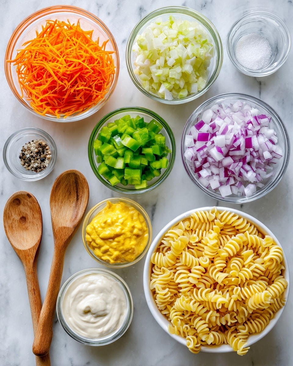 The image shows a top view of several small clear glass bowls placed on a white marbled surface. Each bowl contains a different ingredient: bright orange shredded carrots in one bowl, light green celery sticks in another, chopped green bell pepper in a third, diced red onion with white and purple colors in a fourth, yellow sweet relish in a fifth, smooth white mayonnaise filling a larger bowl, raw yellow elbow macaroni spiraled tightly in a big bowl, and vibrant yellow mustard in a small white bowl. Around these are wooden spoons with black pepper, white salt, and white sugar, along with a small clear glass of white vinegar. The setup is neat and organized with a clean, fresh look. photo taken with an iphone --ar 4:5 --v 7
