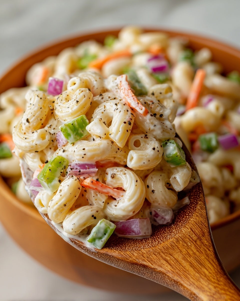 The image shows creamy macaroni salad with three main layers of ingredients: the curved pale beige macaroni pasta, mixed with bright green celery pieces and thin orange carrot strips, and small cubes of purple-red onion scattered throughout. The pasta and vegetables are coated evenly in a smooth white dressing with black pepper sprinkling on top, all held together on a wooden spoon scooping from a large bowl resting on a white marbled surface. The image is close-up, focusing on the textures and colors of the mixed ingredients photo taken with an iphone --ar 4:5 --v 7