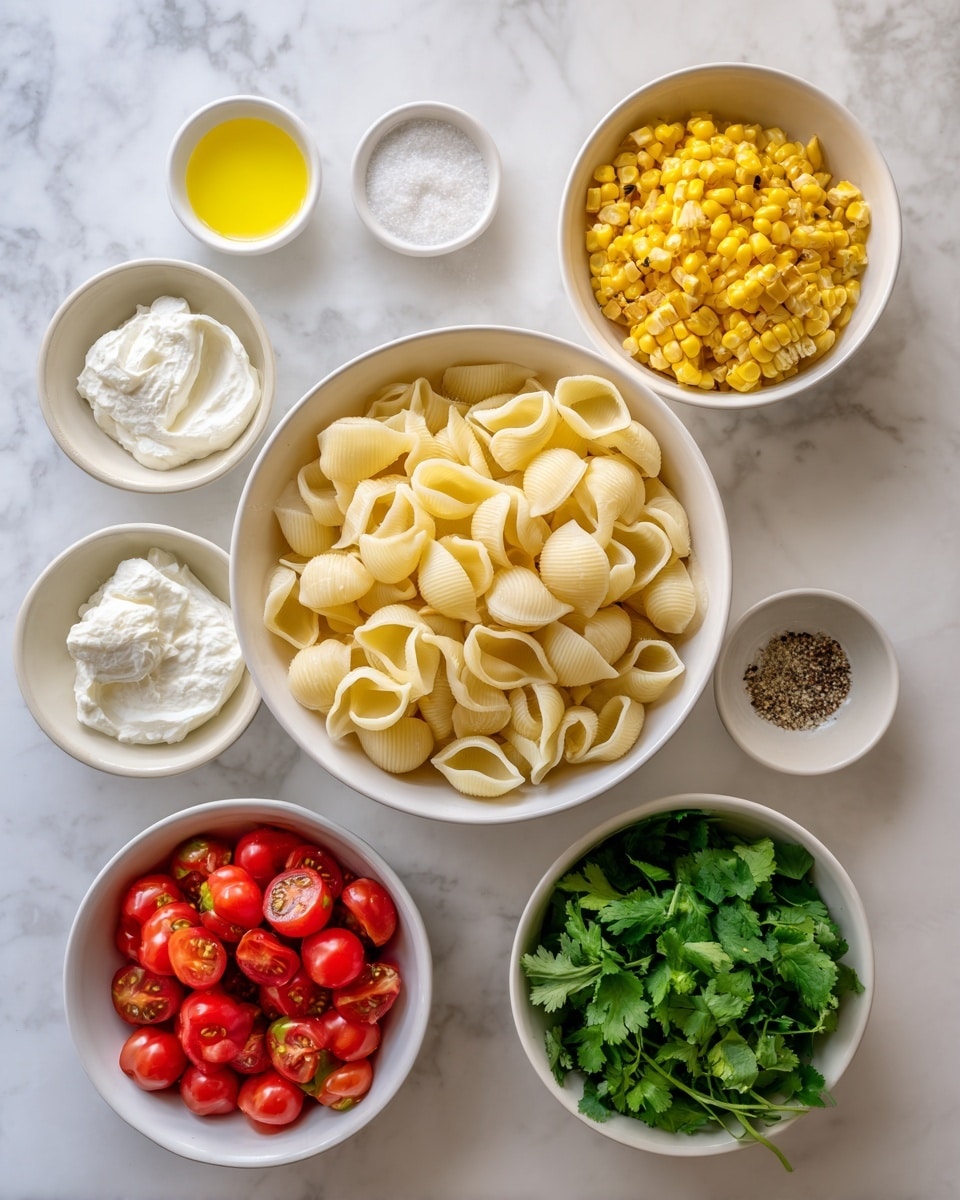 The image shows six white bowls on a white marbled surface, each filled with different ingredients. At the center is a large bowl filled with pale yellow pasta shells. To the upper right, a bowl holds bright yellow grilled corn pieces with some slight brown spots. On the lower right, a bowl is filled with fresh green cilantro leaves. Below the pasta, a bowl contains halved bright red cherry tomatoes. To the top left side, three small bowls each hold white cream cheese, a small amount of pale yellow lemon juice, and ground black pepper. Finally, another small bowl holds white salt. The arrangement is neat and colorful. Photo taken with an iphone --ar 4:5 --v 7