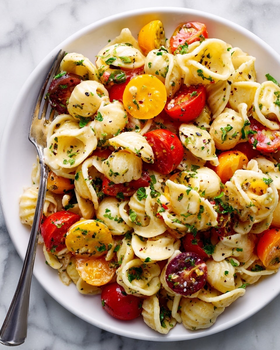 A close-up view of a white plate filled with a colorful pasta salad, showing three different types of pasta in pale yellow, including rotini, shell, and orecchiette. Mixed throughout are halves of red, yellow, and dark red cherry tomatoes, adding bright spots of color. The dish is sprinkled with chopped green herbs, and there are some subtle dark specks of seasoning visible. A fork is resting on the left side of the plate, partially inside the pasta. The plate sits on a white marbled surface. Photo taken with an iphone --ar 4:5 --v 7