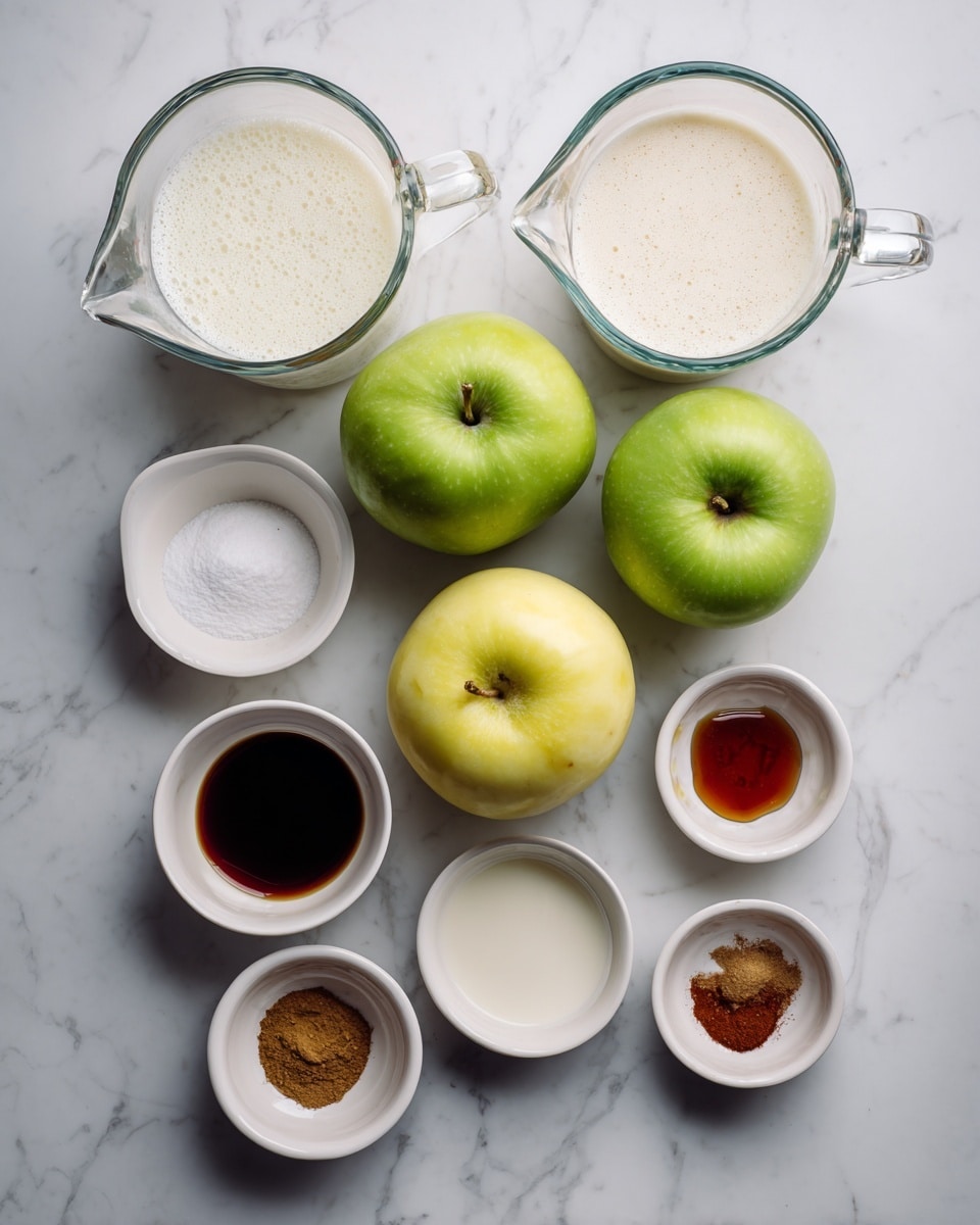 The image shows ingredients placed on a white marbled surface, arranged neatly in a loose grid. At the top left and right are two clear glass measuring cups filled with a frothy white liquid, likely milk. Below and between them are three apples - two green and one yellow-green - with smooth, shiny skin. To the right of the apples are six small white bowls, each containing different dry or liquid ingredients, including white powder, a dark syrup, and various spices ranging in color from light brown to dark reddish-brown. The overall setup looks clean and organized, ready to be used for making apple crumble French toast, photo taken with an iphone --ar 4:5 --v 7