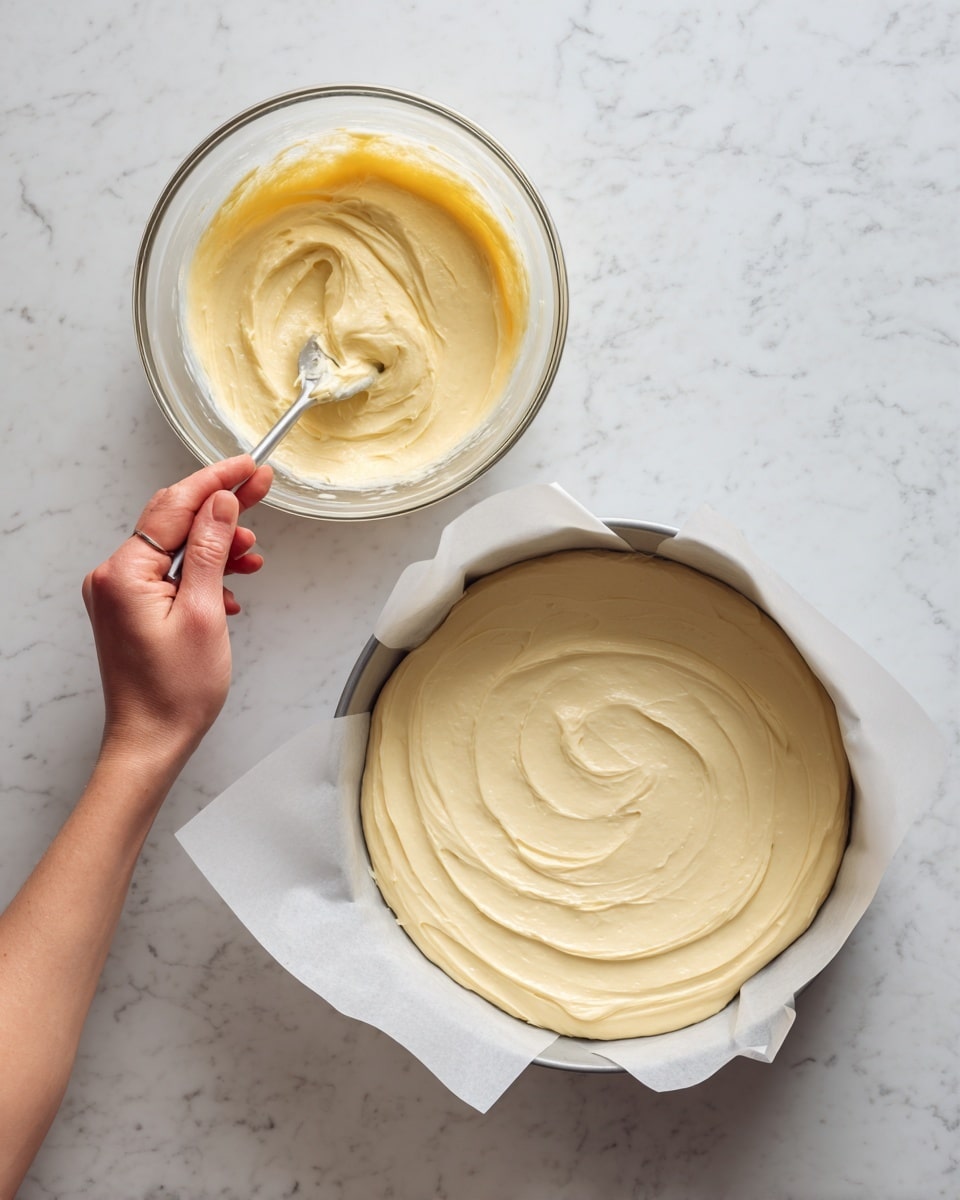 The left side of the image shows a clear glass bowl with a creamy, pale yellow mixture inside, which has a smooth and fluffy texture being stirred, held by a woman's hand visible at the bottom left. On the right side, there is a round white springform pan lined with white parchment paper, filled with the same creamy pale yellow mixture spread evenly to the edges. Both setups rest on a white marbled surface. photo taken with an iphone --ar 4:5 --v 7