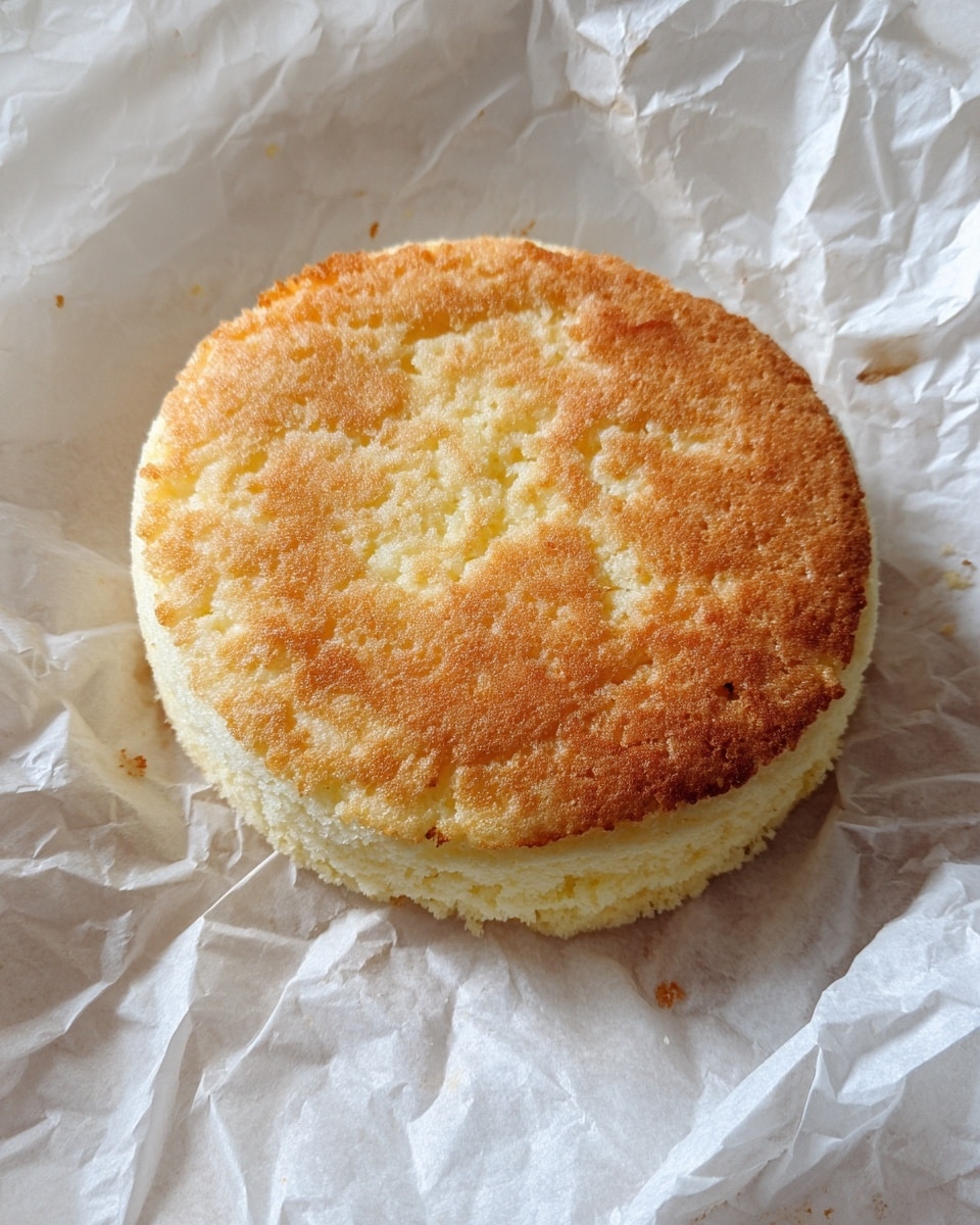The image shows a fluffy round cake resting on crumpled white baking paper on a white marbled surface. The cake has one clear layer with a light golden brown top that looks soft and slightly uneven, while the sides are pale yellow with a spongy texture. The paper around the cake has some small crumbs and light stains from baking. Photo taken with an iphone --ar 4:5 --v 7