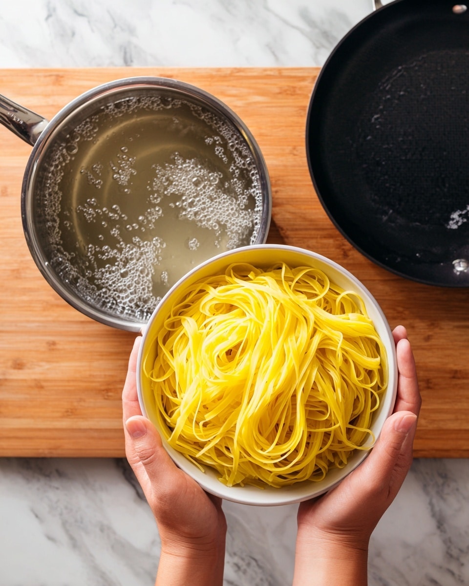 The image shows a person's hands holding a bowl of fresh yellow pasta noodles over a shiny silver pot filled with boiling water. The pot is placed on a stovetop with visible bubbles in the water, ready for cooking the pasta. Next to the pot, there is a black frying pan on the wooden counter. The background is simple and has a white marbled texture. Photo taken with an iphone --ar 4:5 --v 7