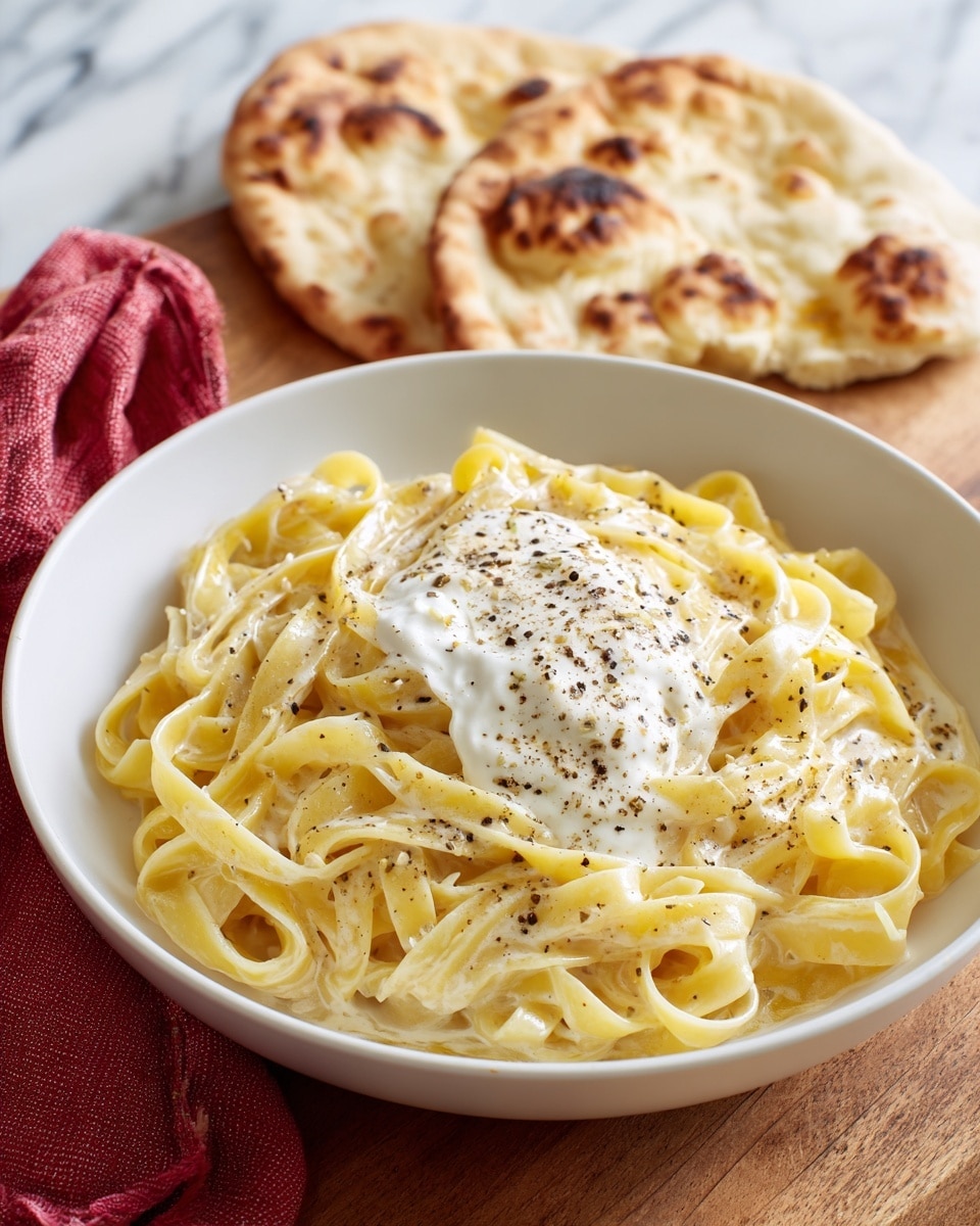 A bowl of creamy fettuccine pasta sits in the center, with pale yellow noodles piled in soft, twisted layers. The pasta is topped with a dollop of white sauce and a light sprinkle of black pepper, showing a smooth and rich texture. The bowl is white and set on a wooden table. To the left, a piece of flatbread leans against a folded red towel, adding a rough, slightly crispy texture contrast. The background is a white marbled texture. Photo taken with an iphone --ar 4:5 --v 7