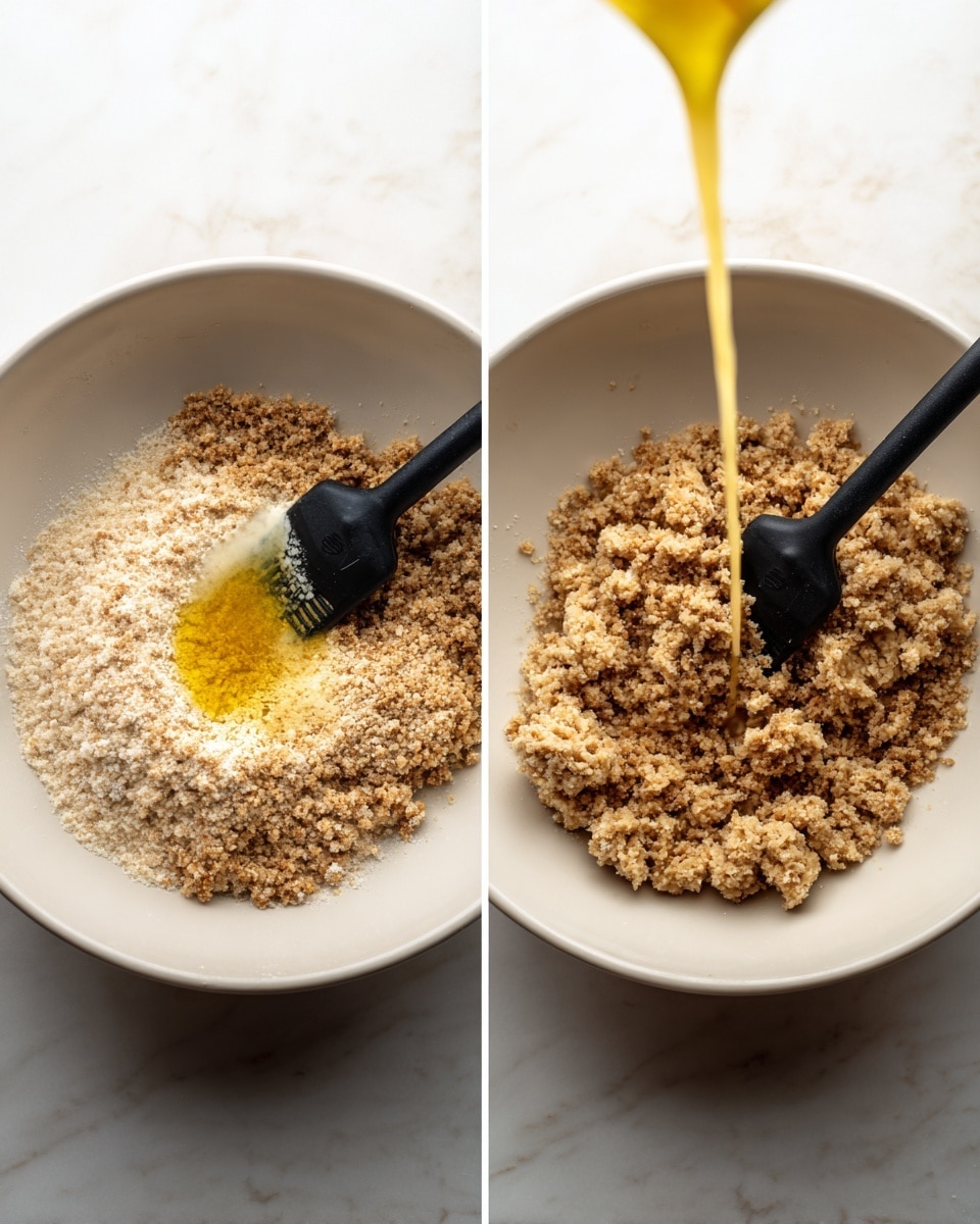 The image shows two side-by-side photos of a white bowl placed on a white marbled surface. Inside the bowl is a layer of light brown crumbly mixture. In the left photo, a yellow liquid is being poured from above into the center of the crumbs, and a black spatula is resting in the mixture on the left side of the bowl. In the right photo, the mixture appears moistened and is being stirred with the same black spatula, turning the dry crumbs into a clumpy, wet dough texture. The colors range from light beige to brown with some white bowl edges visible. Photo taken with an iphone --ar 4:5 --v 7