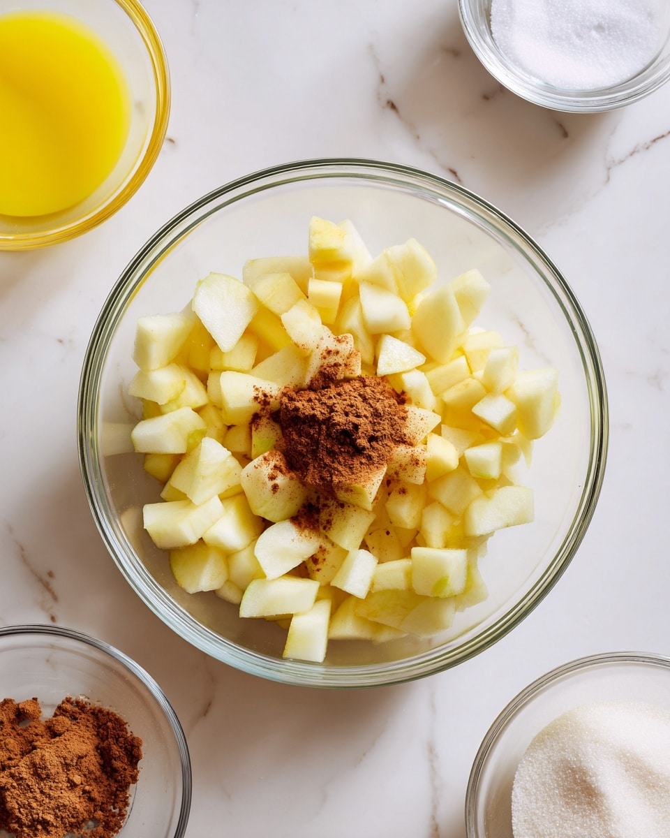 A clear glass bowl sits on a white marbled surface, filled with finely chopped light yellow diced apples, with a small mound of brown cinnamon powder in the center on top of the apple pieces. Around the main bowl, there are parts of two smaller clear bowls visible; one holding bright yellow melted butter in the upper left corner, and another with white granulated sugar in the upper right corner. The scene is bright and simple, showing ingredients ready for mixing photo taken with an iphone --ar 4:5 --v 7