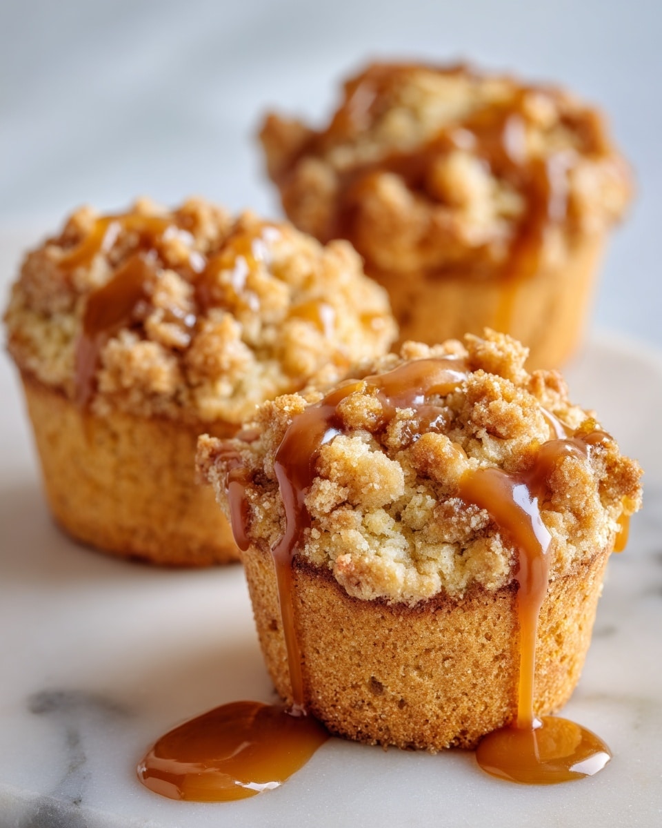 Three small crumbly muffins with a light golden-brown color are shown close up on a white marbled surface. Each muffin has a rough, uneven textured top made of crisp crumbs and small chunks. They are drizzled with a shiny, smooth caramel sauce that pools slightly on the white marbled surface underneath. The caramel is a rich amber color, contrasting with the lighter muffins. The image is bright and clear, with the focus on the muffins and the sauce detail. Photo taken with an iphone --ar 4:5 --v 7