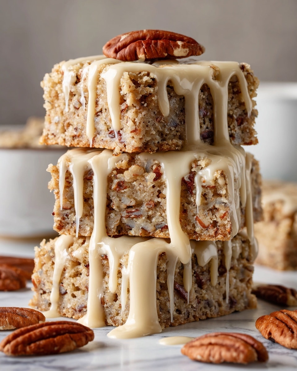The image shows a stack of three square bars with a crumbly, light brown texture and visible chunks of pecans inside. Each bar layer is thick and dense with a rough surface filled with nuts. Creamy beige icing drizzles down from the top across all three bars, dripping in uneven streams and pooling slightly at the bottom. Some pecan halves are placed on top of the highest bar, adding texture and color contrast. The stack sits on a white marbled surface with blurred neutral background elements. Photo taken with an iphone --ar 4:5 --v 7