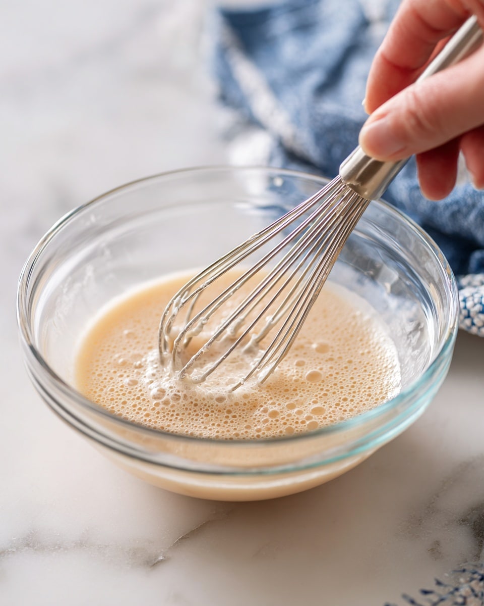 A clear glass bowl sitting on a white marbled surface holds a light beige liquid that looks smooth and slightly creamy. Inside the bowl, a metal whisk with thin wire loops is partially dipped, slightly lifting some bubbles on the liquid’s surface. A woman's hand is holding the whisk, visible on the right side of the image. The background is softly blurred with hints of a blue and white cloth in the top right corner. Photo taken with an iphone --ar 4:5 --v 7