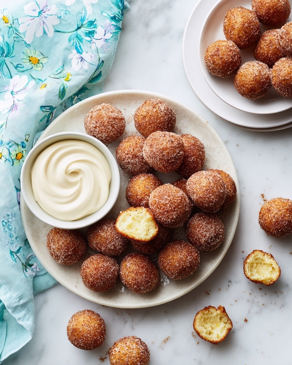A large white plate sits on a white marbled surface with a small white bowl filled with smooth, creamy white dip on the left side. To the right of the dip, there's a small white bowl filled with round, golden-brown balls coated in a light layer of sugar and cinnamon. More of these balls are scattered around the plate. In the top right corner, a small white plate holds several more balls, one of which is broken open to show a soft yellow inside. A light blue cloth with white floral patterns is partially visible at the top left of the frame. Photo taken with an iphone --ar 4:5 --v 7
